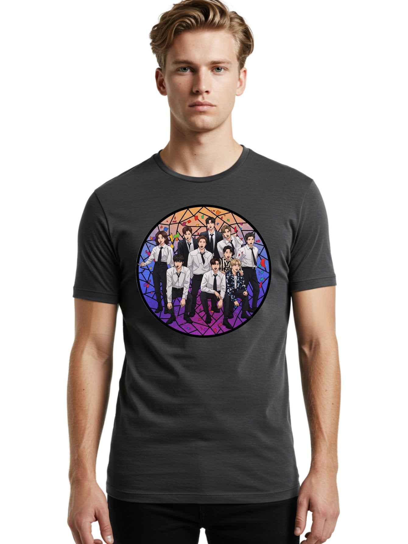 Bts-Group-Portrait Men'S Graphic Tee, 100% Cotton, Comfortable Casual Summer Wear, Machine Washable, K-Pop Group, Bts Members, Stained Glass Art, Formal Attire, White Shirts, Black Ties, K-Pop Fashion, Group Portrait, Colorful Background, Bab697 27