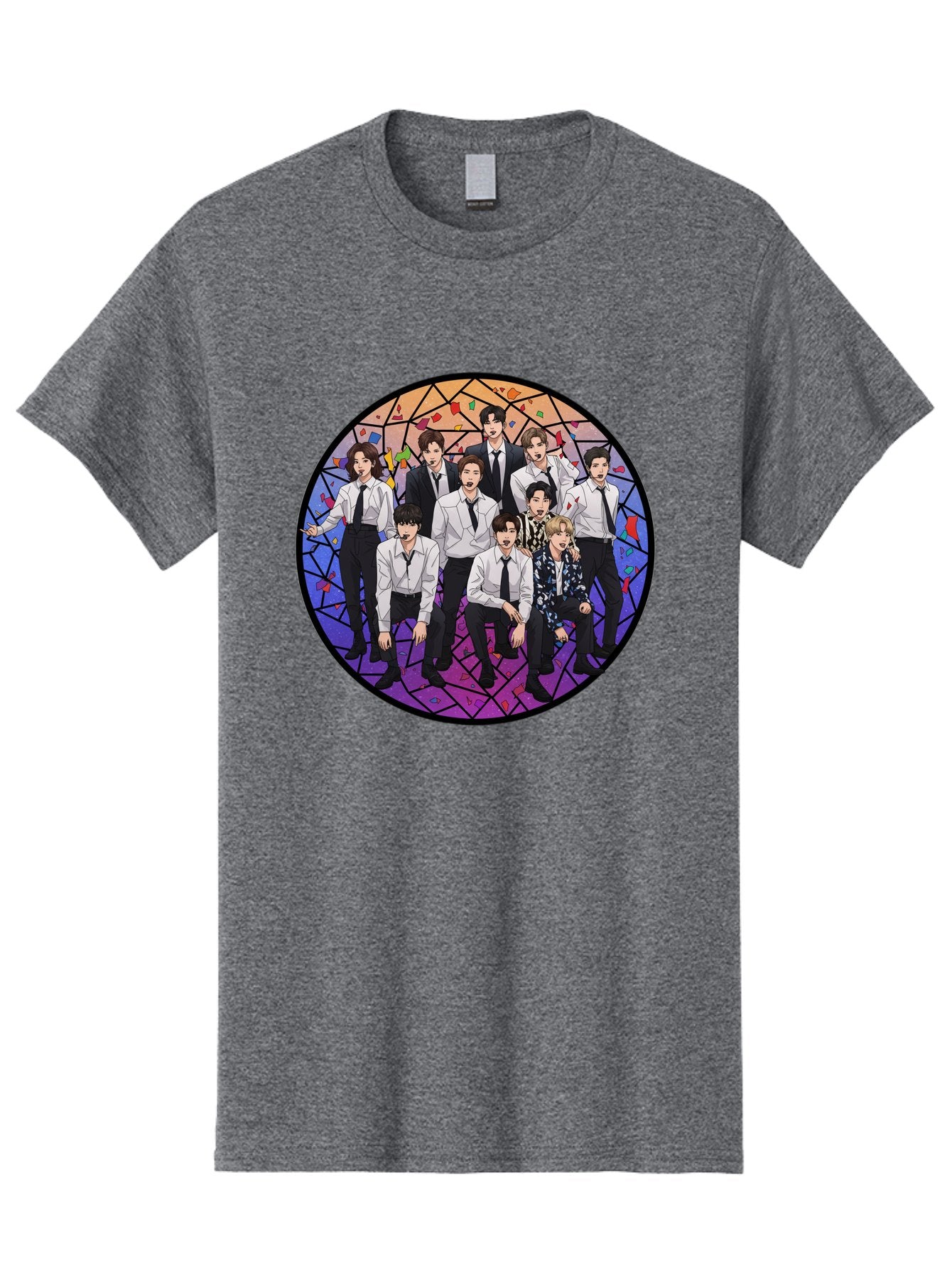 Bts-Group-Portrait Men'S Graphic Tee, 100% Cotton, Comfortable Casual Summer Wear, Machine Washable, K-Pop Group, Bts Members, Stained Glass Art, Formal Attire, White Shirts, Black Ties, K-Pop Fashion, Group Portrait, Colorful Background, Bab697 15