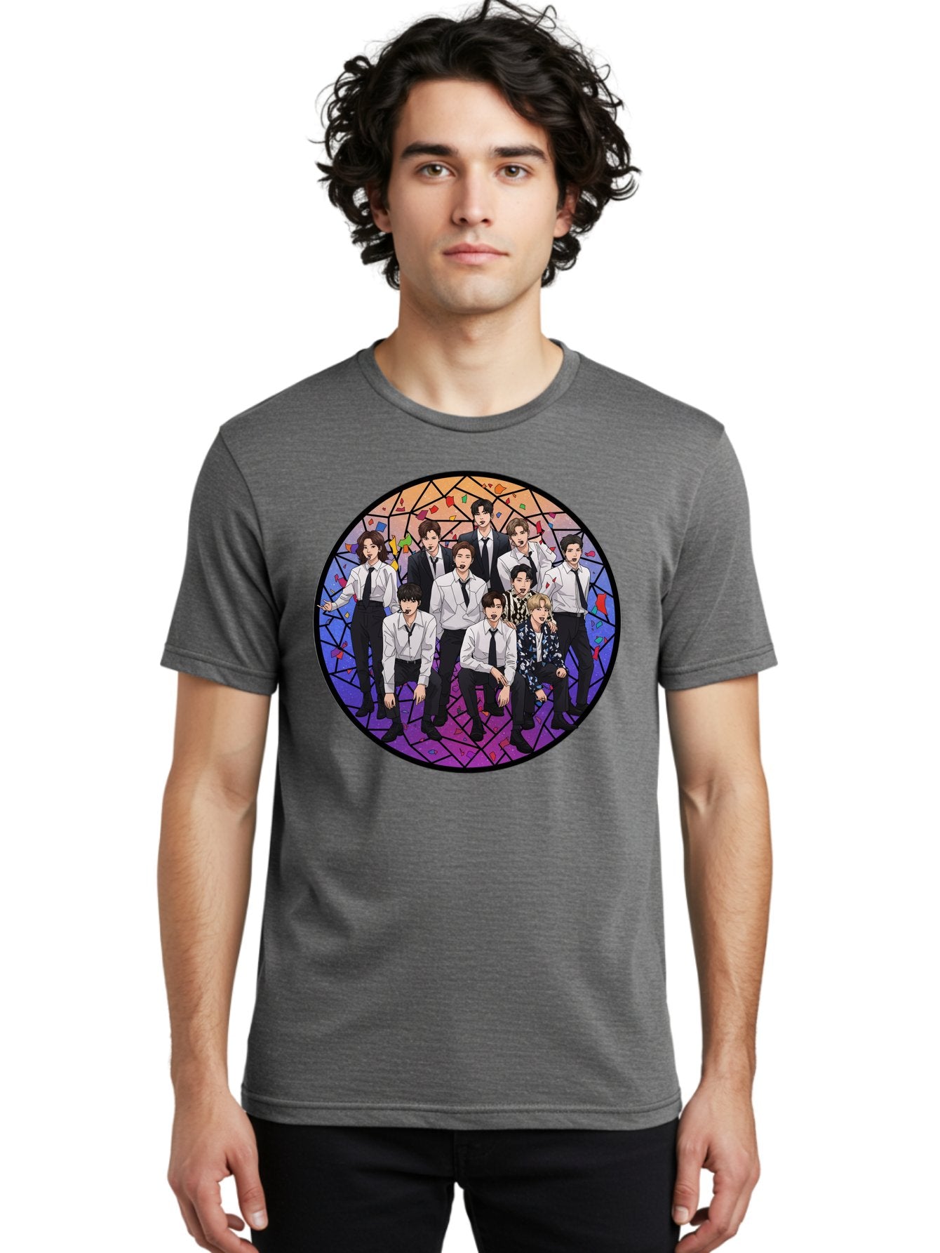 Bts-Group-Portrait Men'S Graphic Tee, 100% Cotton, Comfortable Casual Summer Wear, Machine Washable, K-Pop Group, Bts Members, Stained Glass Art, Formal Attire, White Shirts, Black Ties, K-Pop Fashion, Group Portrait, Colorful Background, Bab697 30