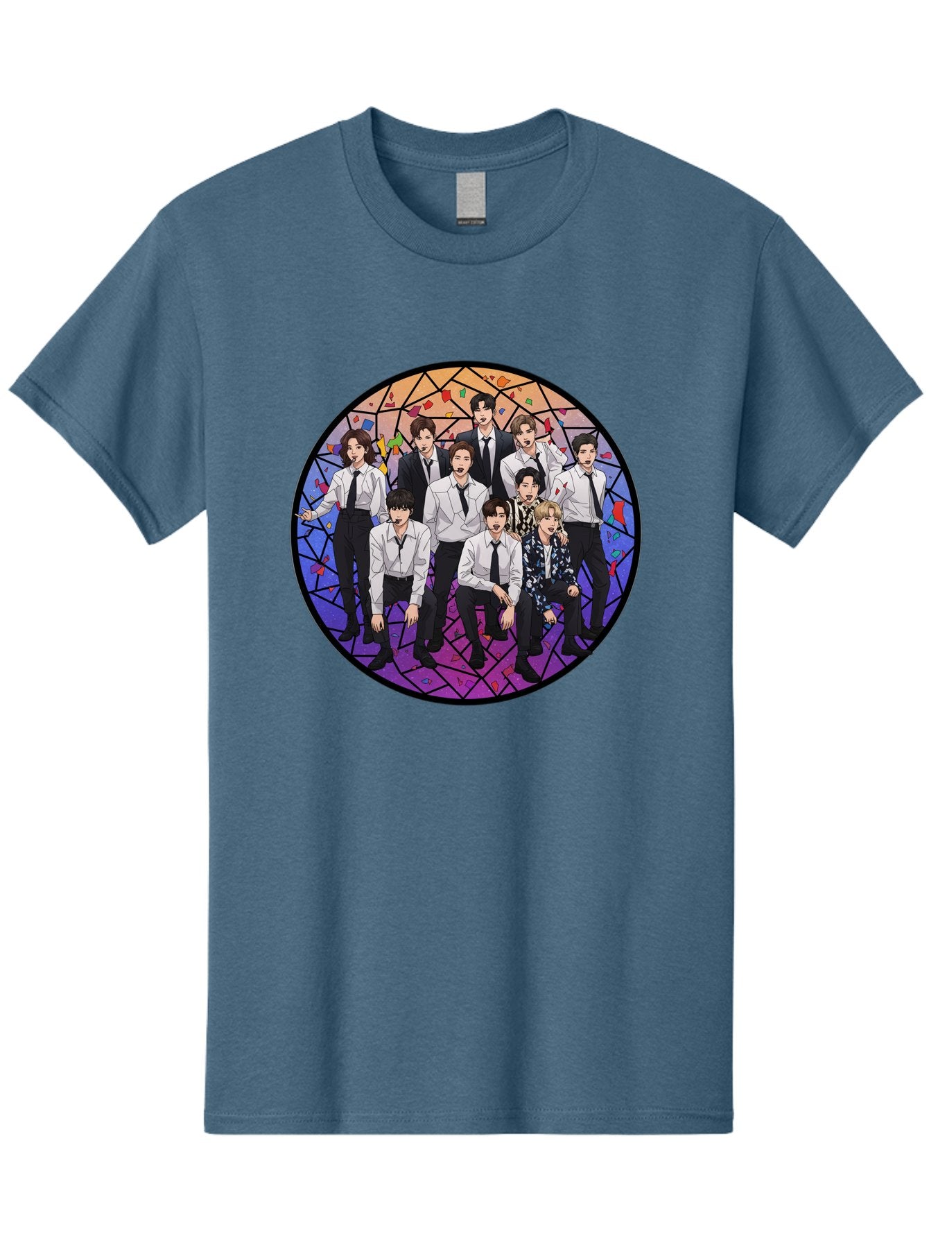 Bts-Group-Portrait Men'S Graphic Tee, 100% Cotton, Comfortable Casual Summer Wear, Machine Washable, K-Pop Group, Bts Members, Stained Glass Art, Formal Attire, White Shirts, Black Ties, K-Pop Fashion, Group Portrait, Colorful Background, Bab697 10