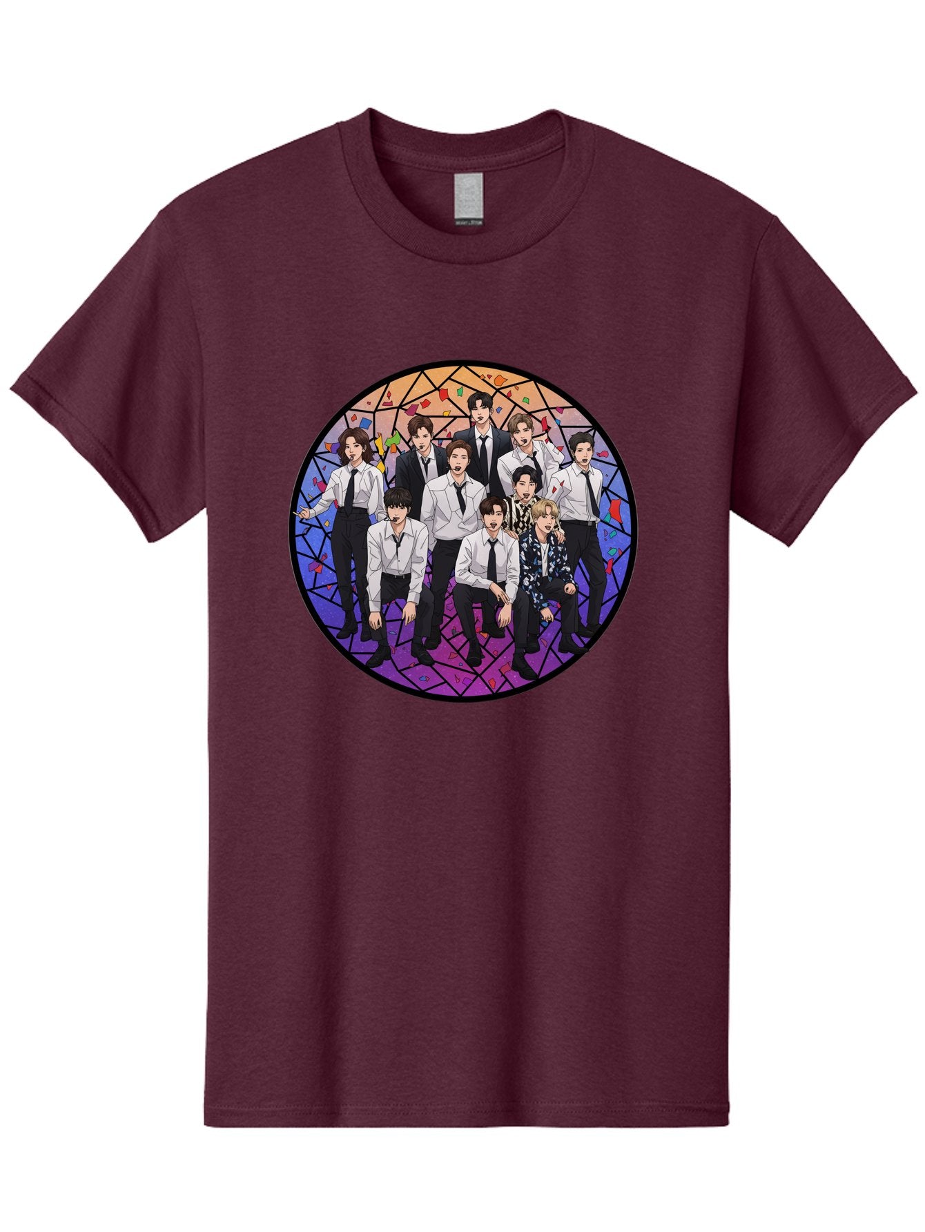 Bts-Group-Portrait Men'S Graphic Tee, 100% Cotton, Comfortable Casual Summer Wear, Machine Washable, K-Pop Group, Bts Members, Stained Glass Art, Formal Attire, White Shirts, Black Ties, K-Pop Fashion, Group Portrait, Colorful Background, Bab697 5