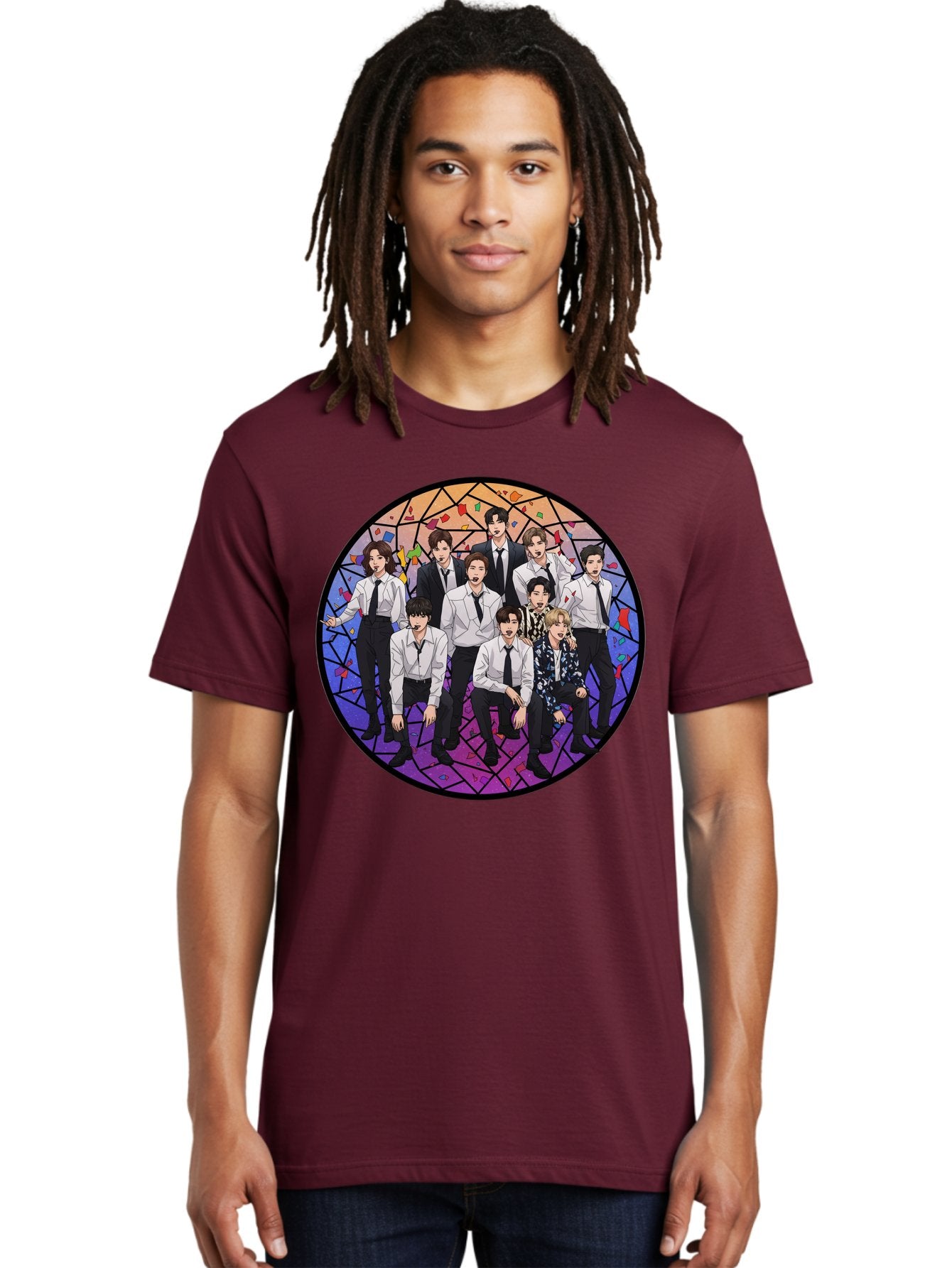 Bts-Group-Portrait Men'S Graphic Tee, 100% Cotton, Comfortable Casual Summer Wear, Machine Washable, K-Pop Group, Bts Members, Stained Glass Art, Formal Attire, White Shirts, Black Ties, K-Pop Fashion, Group Portrait, Colorful Background, Bab697 23