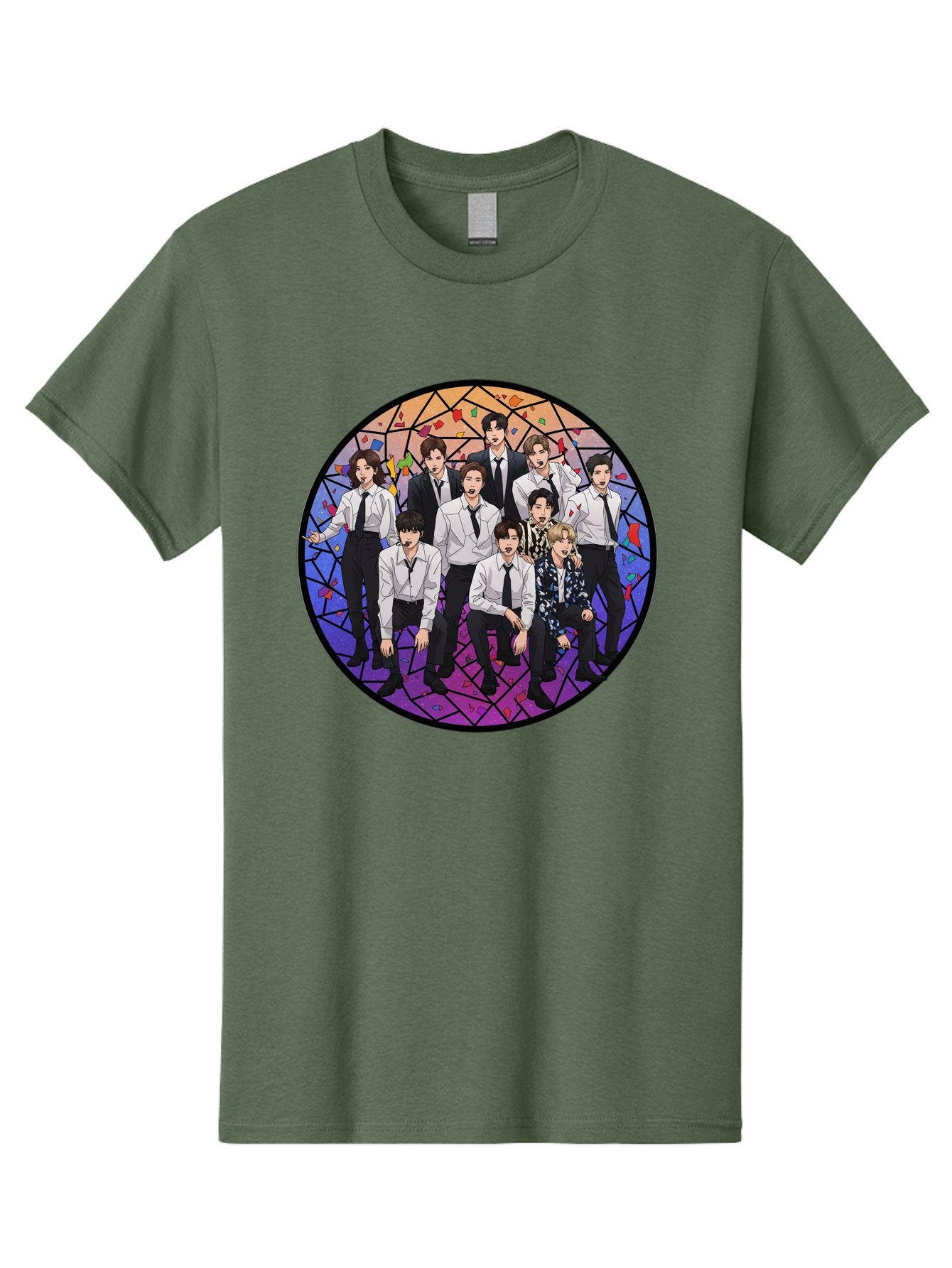 Bts-Group-Portrait Men'S Graphic Tee, 100% Cotton, Comfortable Casual Summer Wear, Machine Washable, K-Pop Group, Bts Members, Stained Glass Art, Formal Attire, White Shirts, Black Ties, K-Pop Fashion, Group Portrait, Colorful Background, Bab697