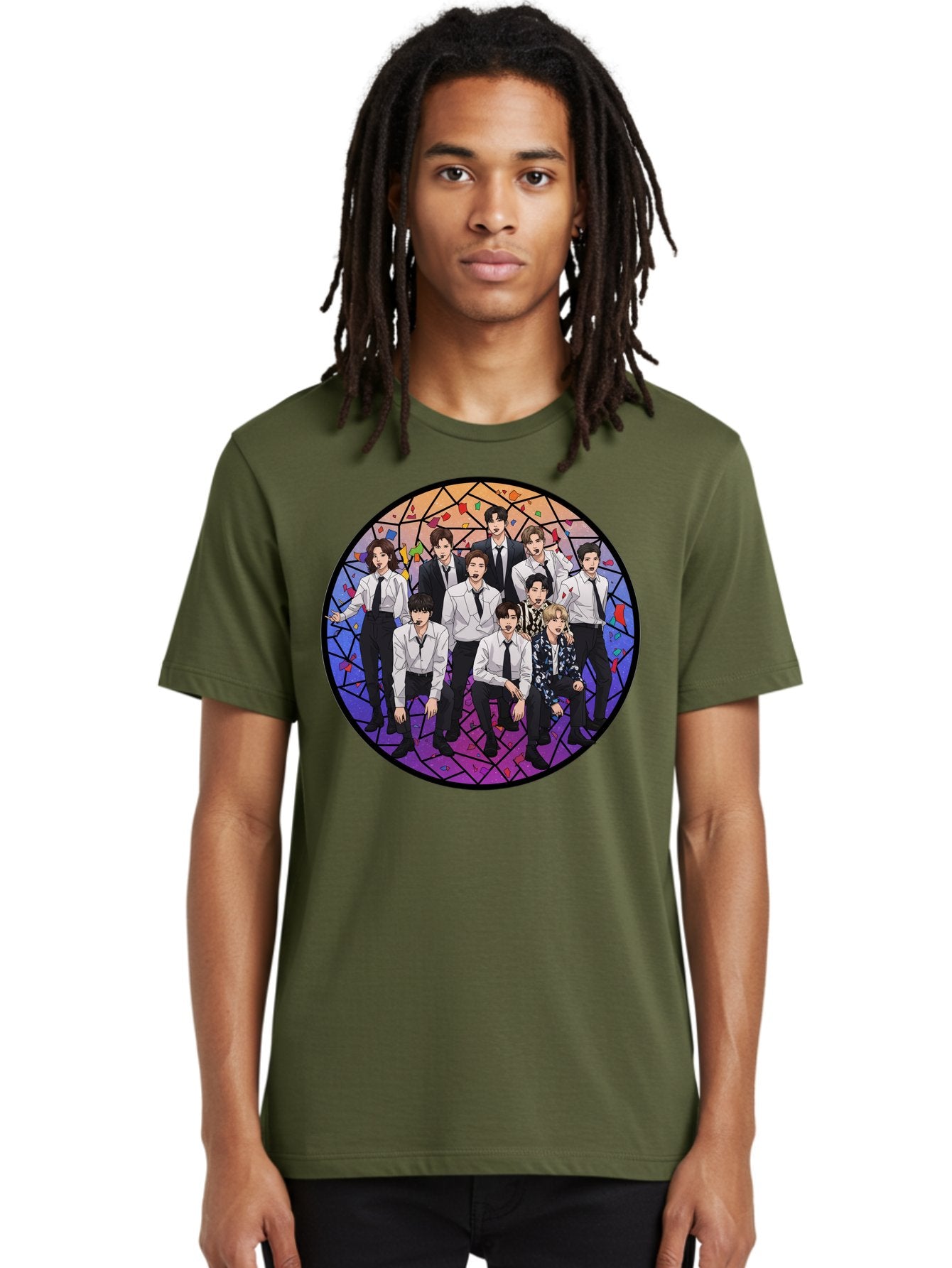 Bts-Group-Portrait Men'S Graphic Tee, 100% Cotton, Comfortable Casual Summer Wear, Machine Washable, K-Pop Group, Bts Members, Stained Glass Art, Formal Attire, White Shirts, Black Ties, K-Pop Fashion, Group Portrait, Colorful Background, Bab697 19