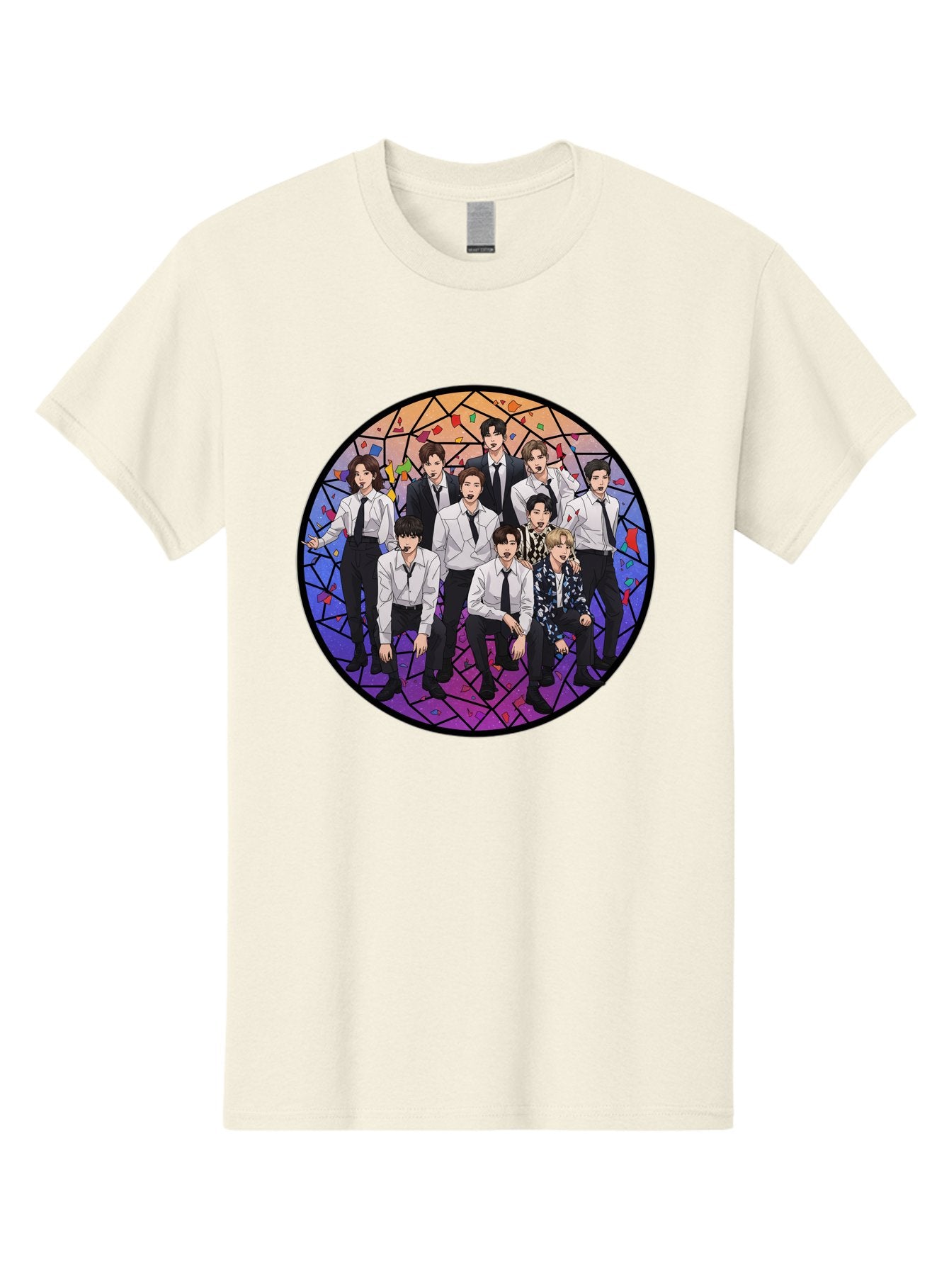 Bts-Group-Portrait Men'S Graphic Tee, 100% Cotton, Comfortable Casual Summer Wear, Machine Washable, K-Pop Group, Bts Members, Stained Glass Art, Formal Attire, White Shirts, Black Ties, K-Pop Fashion, Group Portrait, Colorful Background, Bab697 4