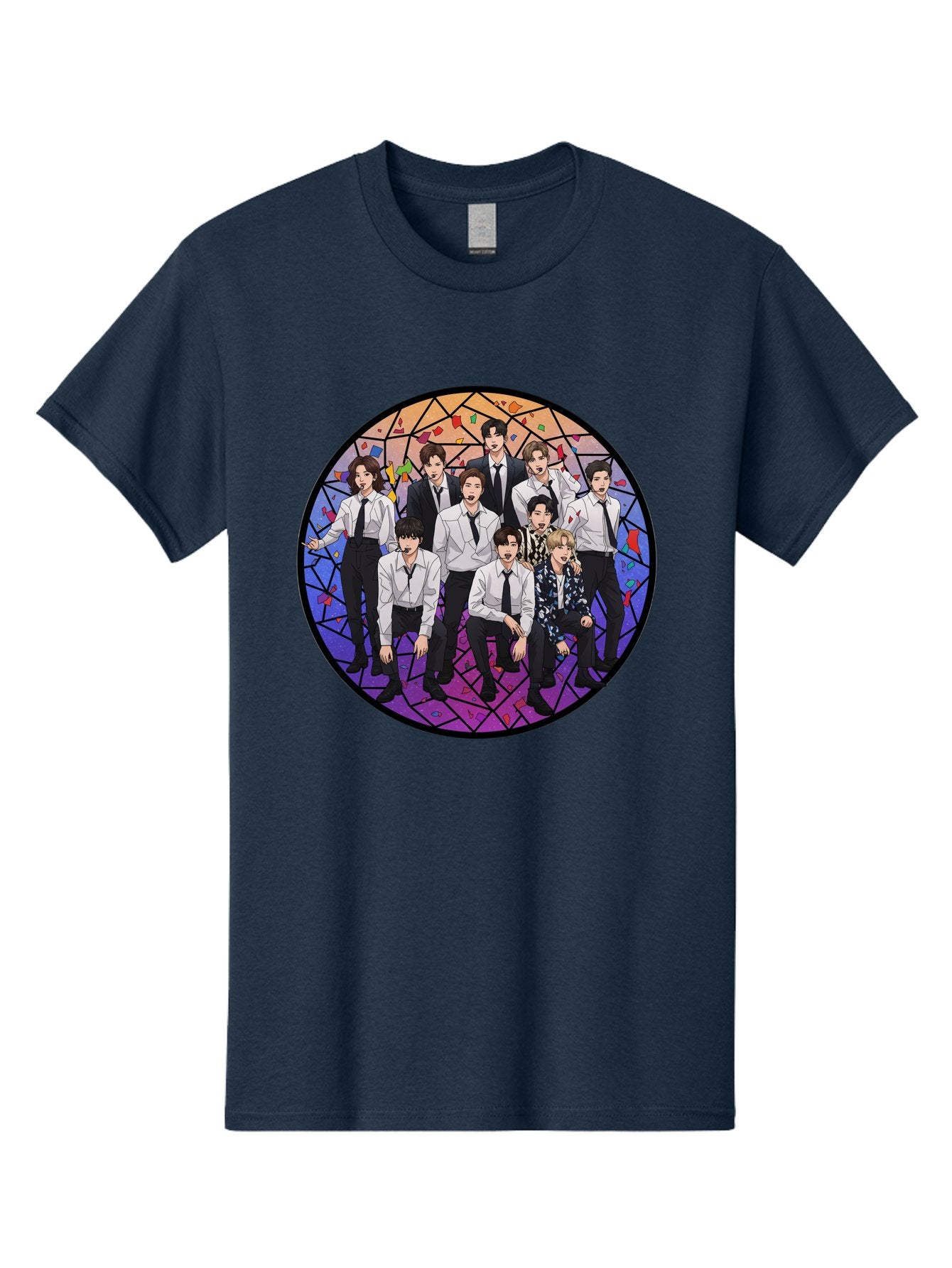 Bts-Group-Portrait Men'S Graphic Tee, 100% Cotton, Comfortable Casual Summer Wear, Machine Washable, K-Pop Group, Bts Members, Stained Glass Art, Formal Attire, White Shirts, Black Ties, K-Pop Fashion, Group Portrait, Colorful Background, Bab697 7