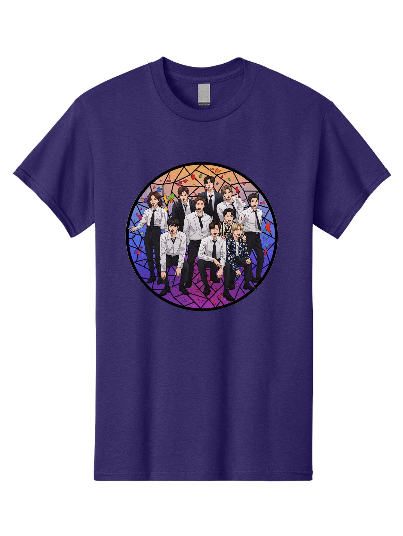 Bts-Group-Portrait Men'S Graphic Tee, 100% Cotton, Comfortable Casual Summer Wear, Machine Washable, K-Pop Group, Bts Members, Stained Glass Art, Formal Attire, White Shirts, Black Ties, K-Pop Fashion, Group Portrait, Colorful Background, Bab697 14