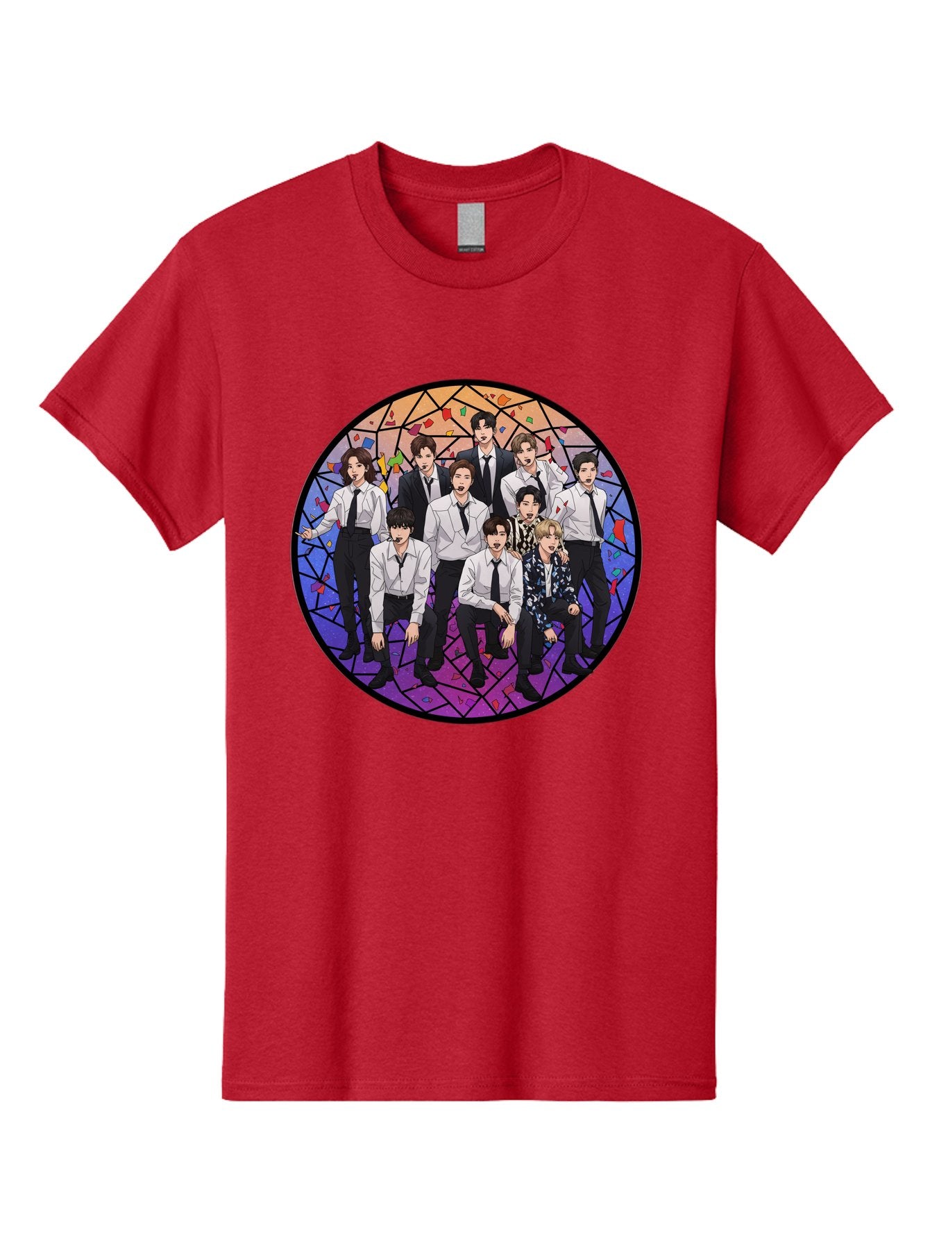 Bts-Group-Portrait Men'S Graphic Tee, 100% Cotton, Comfortable Casual Summer Wear, Machine Washable, K-Pop Group, Bts Members, Stained Glass Art, Formal Attire, White Shirts, Black Ties, K-Pop Fashion, Group Portrait, Colorful Background, Bab697 6