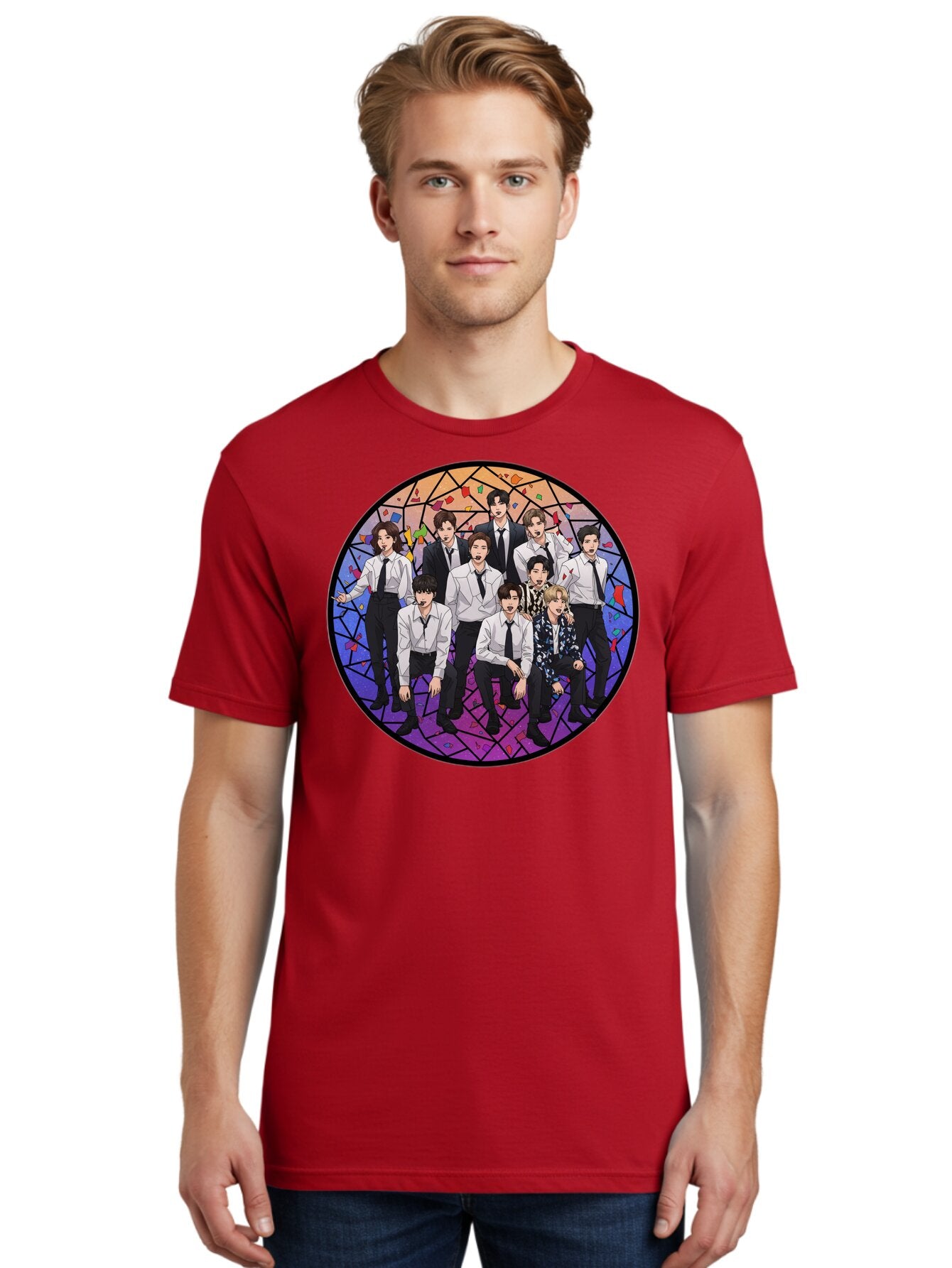 Bts-Group-Portrait Men'S Graphic Tee, 100% Cotton, Comfortable Casual Summer Wear, Machine Washable, K-Pop Group, Bts Members, Stained Glass Art, Formal Attire, White Shirts, Black Ties, K-Pop Fashion, Group Portrait, Colorful Background, Bab697 24