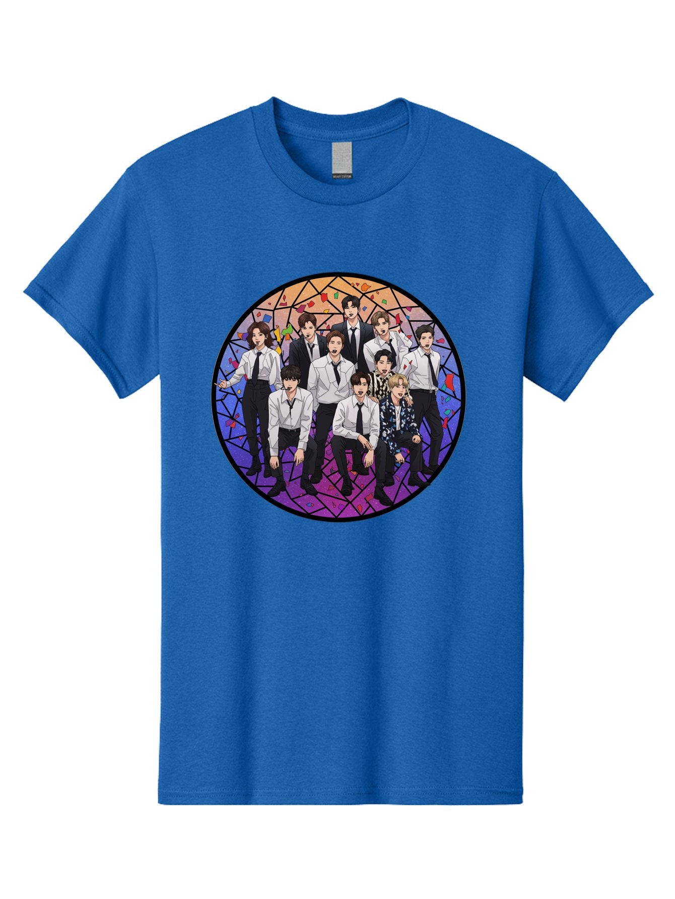Bts-Group-Portrait Men'S Graphic Tee, 100% Cotton, Comfortable Casual Summer Wear, Machine Washable, K-Pop Group, Bts Members, Stained Glass Art, Formal Attire, White Shirts, Black Ties, K-Pop Fashion, Group Portrait, Colorful Background, Bab697 12