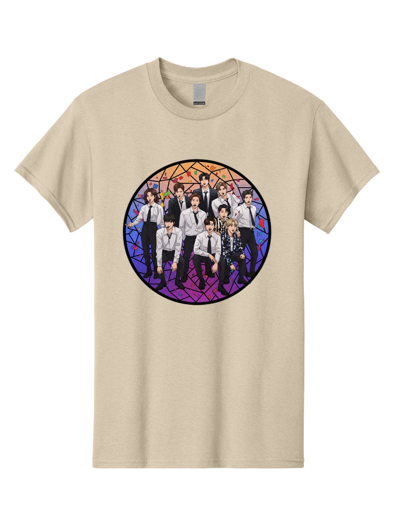 Bts-Group-Portrait Men'S Graphic Tee, 100% Cotton, Comfortable Casual Summer Wear, Machine Washable, K-Pop Group, Bts Members, Stained Glass Art, Formal Attire, White Shirts, Black Ties, K-Pop Fashion, Group Portrait, Colorful Background, Bab697 9