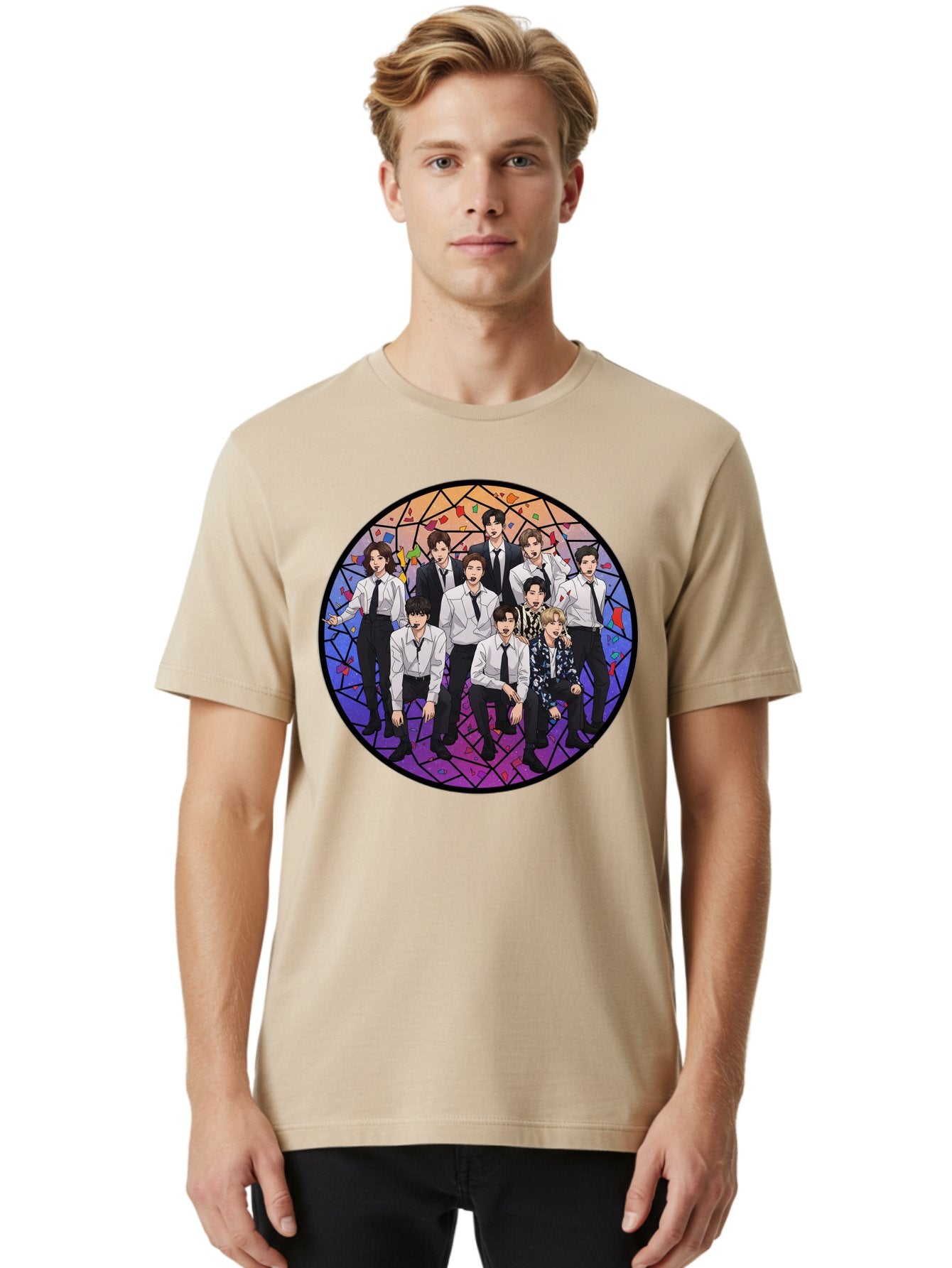 Bts-Group-Portrait Men'S Graphic Tee, 100% Cotton, Comfortable Casual Summer Wear, Machine Washable, K-Pop Group, Bts Members, Stained Glass Art, Formal Attire, White Shirts, Black Ties, K-Pop Fashion, Group Portrait, Colorful Background, Bab697 26