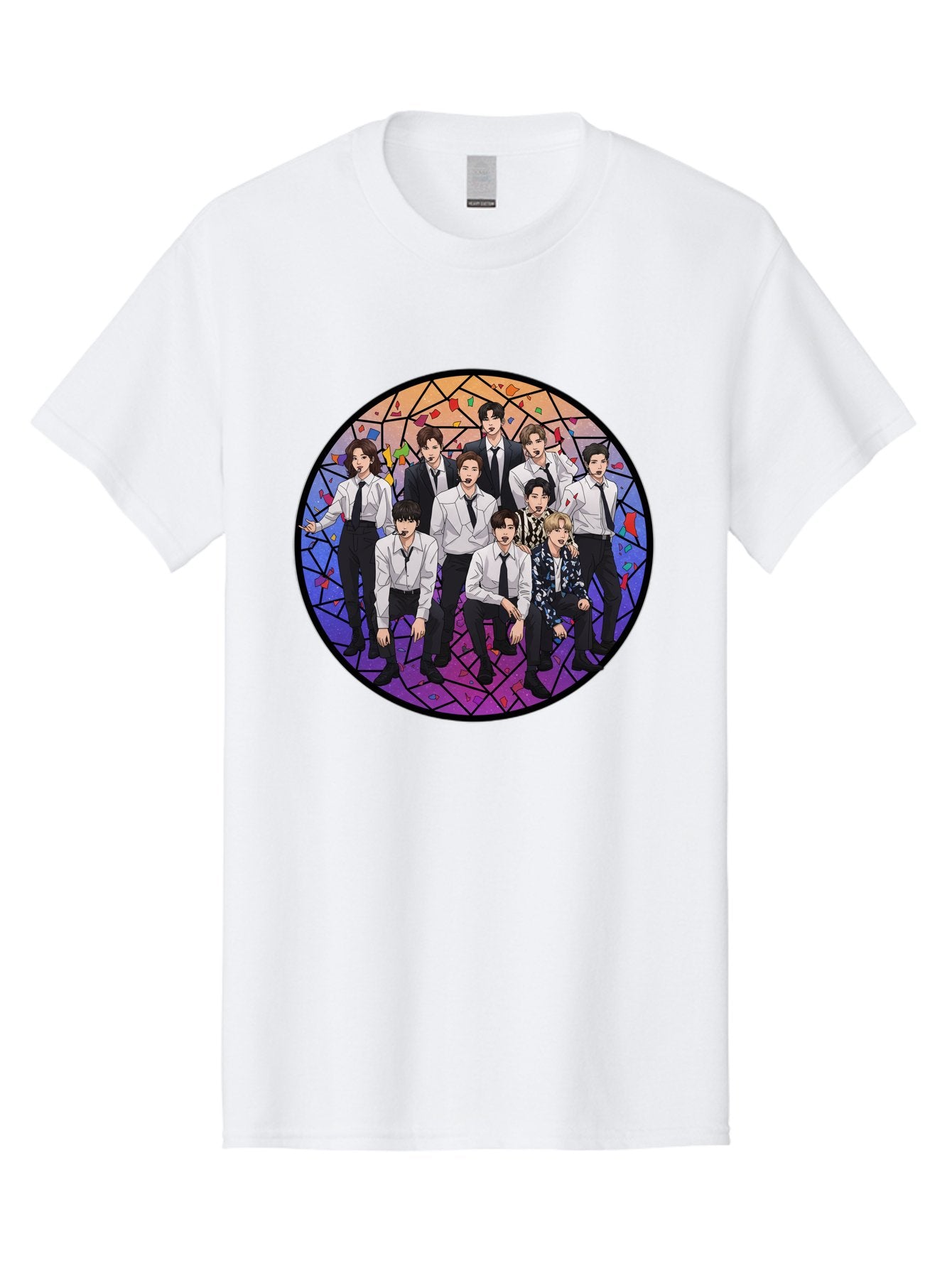 Bts-Group-Portrait Men'S Graphic Tee, 100% Cotton, Comfortable Casual Summer Wear, Machine Washable, K-Pop Group, Bts Members, Stained Glass Art, Formal Attire, White Shirts, Black Ties, K-Pop Fashion, Group Portrait, Colorful Background, Bab697 8