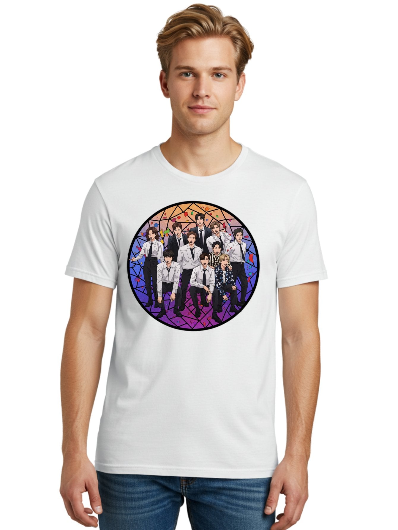 Bts-Group-Portrait Men'S Graphic Tee, 100% Cotton, Comfortable Casual Summer Wear, Machine Washable, K-Pop Group, Bts Members, Stained Glass Art, Formal Attire, White Shirts, Black Ties, K-Pop Fashion, Group Portrait, Colorful Background, Bab697 25