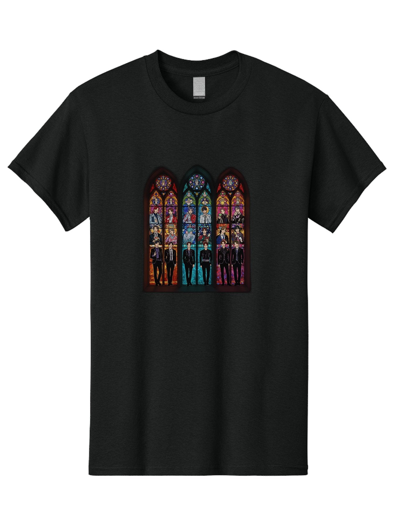 Bts-Stained-Glass Men'S Graphic Tee, 100% Cotton, Comfortable Casual Summer Wear, Machine Washable, Bts Members In Stained Glass, Vibrant Colors, Gothic Architecture, Religious Art, K-Pop, Boy Band, Stained Glass Window, Colorful Illustration, Bab698