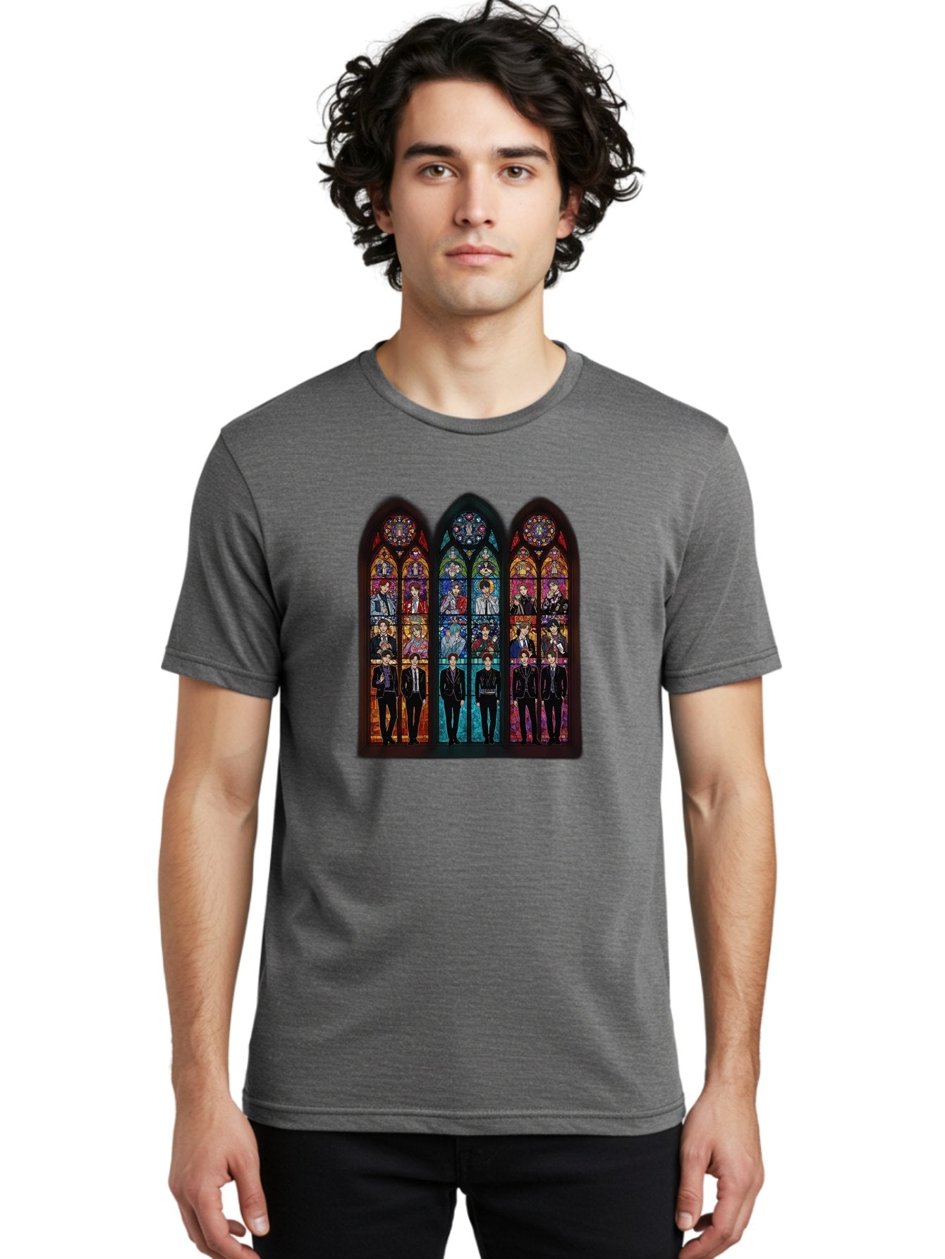 Bts-Stained-Glass Men'S Graphic Tee, 100% Cotton, Comfortable Casual Summer Wear, Machine Washable, Bts Members In Stained Glass, Vibrant Colors, Gothic Architecture, Religious Art, K-Pop, Boy Band, Stained Glass Window, Colorful Illustration, Bab698 28