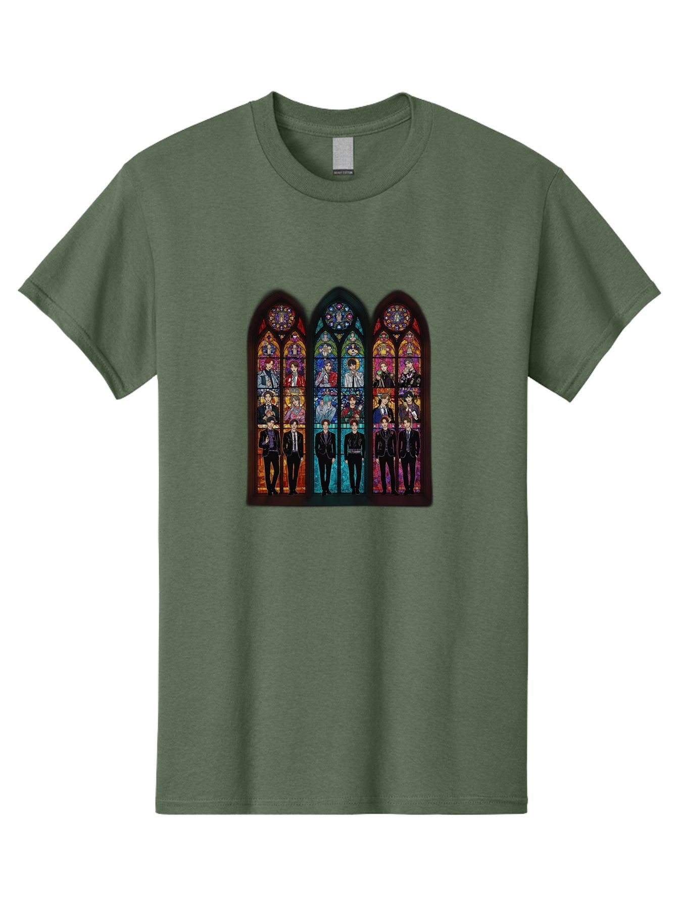 Bts-Stained-Glass Men'S Graphic Tee, 100% Cotton, Comfortable Casual Summer Wear, Machine Washable, Bts Members In Stained Glass, Vibrant Colors, Gothic Architecture, Religious Art, K-Pop, Boy Band, Stained Glass Window, Colorful Illustration, Bab698 6