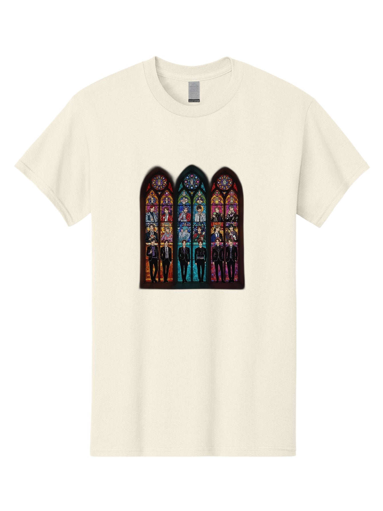 Bts-Stained-Glass Men'S Graphic Tee, 100% Cotton, Comfortable Casual Summer Wear, Machine Washable, Bts Members In Stained Glass, Vibrant Colors, Gothic Architecture, Religious Art, K-Pop, Boy Band, Stained Glass Window, Colorful Illustration, Bab698 5