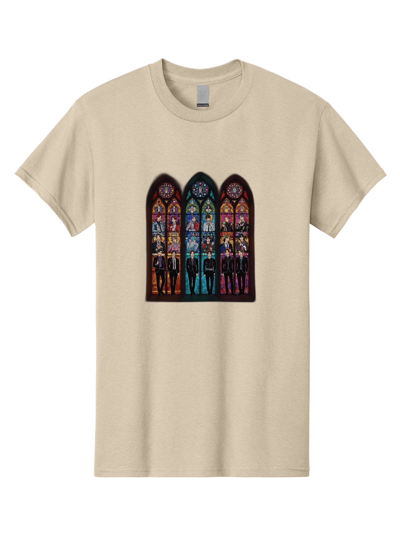 Bts-Stained-Glass Men'S Graphic Tee, 100% Cotton, Comfortable Casual Summer Wear, Machine Washable, Bts Members In Stained Glass, Vibrant Colors, Gothic Architecture, Religious Art, K-Pop, Boy Band, Stained Glass Window, Colorful Illustration, Bab698