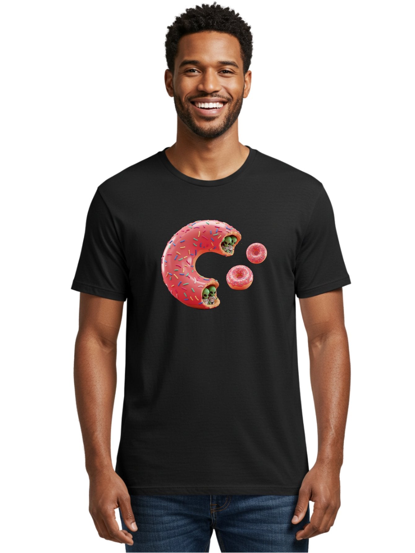 C-Donut Men'S Graphic Tee, 100% Cotton, Comfortable Casual Summer Wear, Machine Washable, Pink Frosted Donuts, Donut Holes With Aliens, 3D Rendered Donuts, Sprinkles On Donuts, Cute Donut Art, Alien Heads In Donuts, Surreal Dessert, Bab702 29