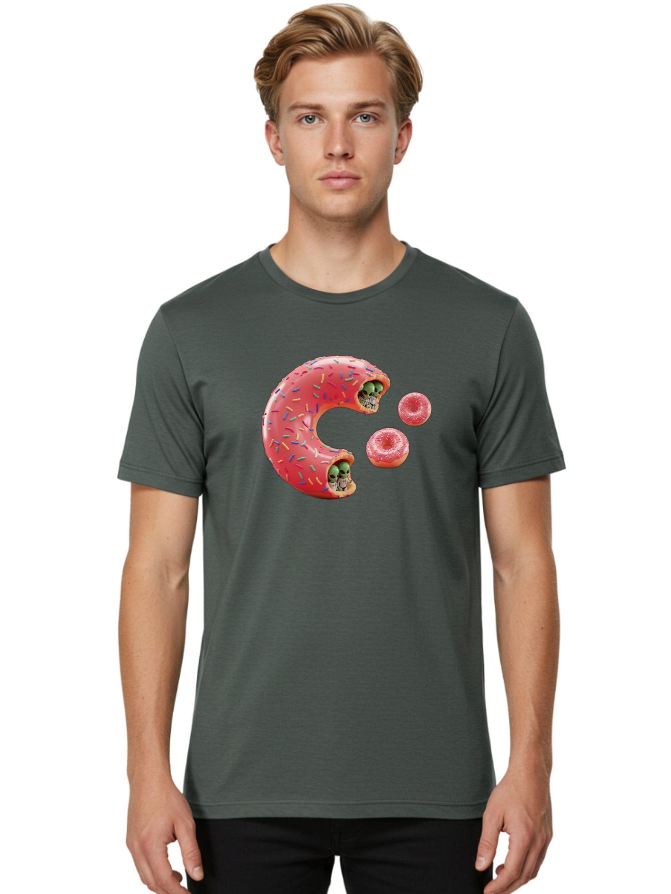C-Donut Men'S Graphic Tee, 100% Cotton, Comfortable Casual Summer Wear, Machine Washable, Pink Frosted Donuts, Donut Holes With Aliens, 3D Rendered Donuts, Sprinkles On Donuts, Cute Donut Art, Alien Heads In Donuts, Surreal Dessert, Bab702 23