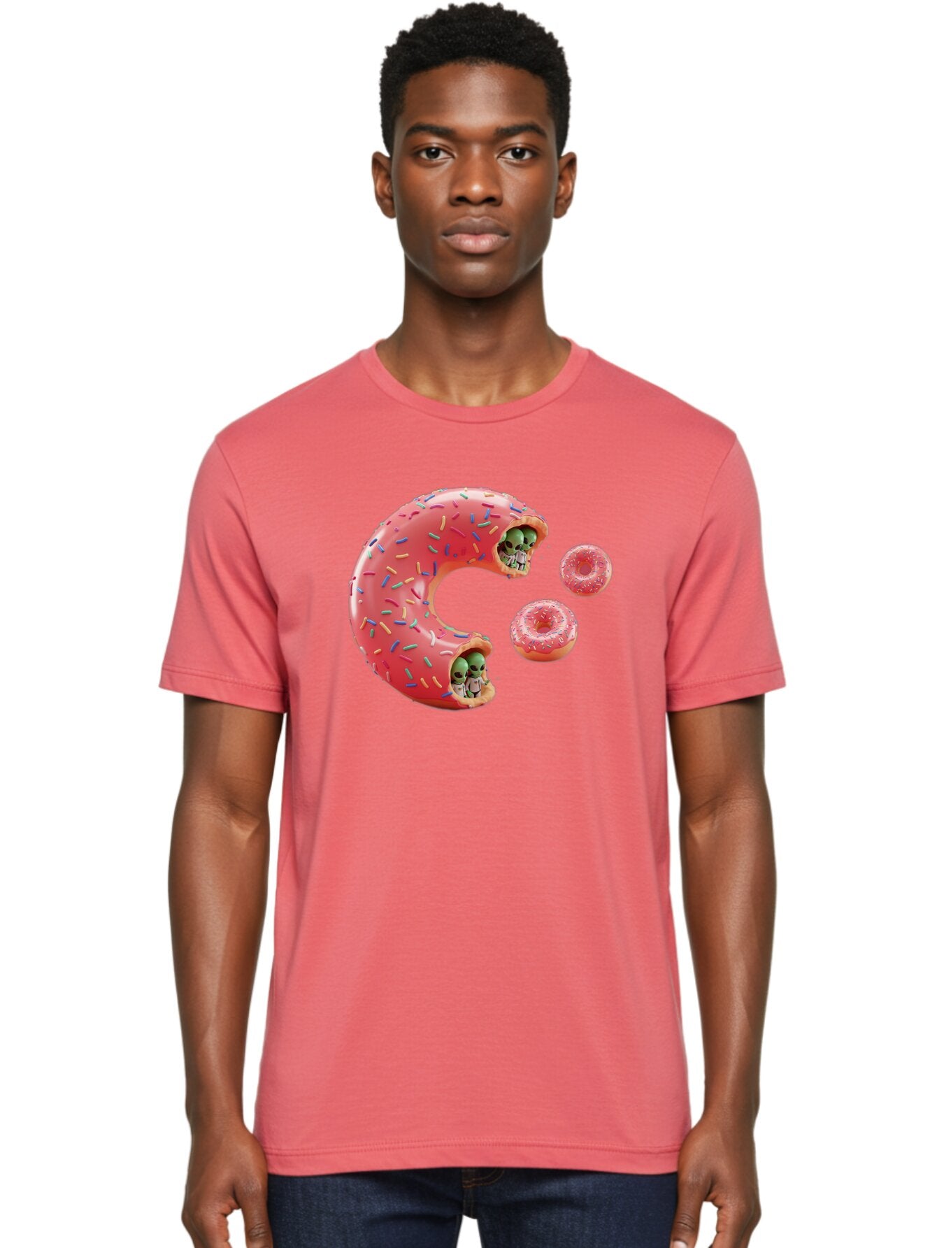 C-Donut Men'S Graphic Tee, 100% Cotton, Comfortable Casual Summer Wear, Machine Washable, Pink Frosted Donuts, Donut Holes With Aliens, 3D Rendered Donuts, Sprinkles On Donuts, Cute Donut Art, Alien Heads In Donuts, Surreal Dessert, Bab702 18