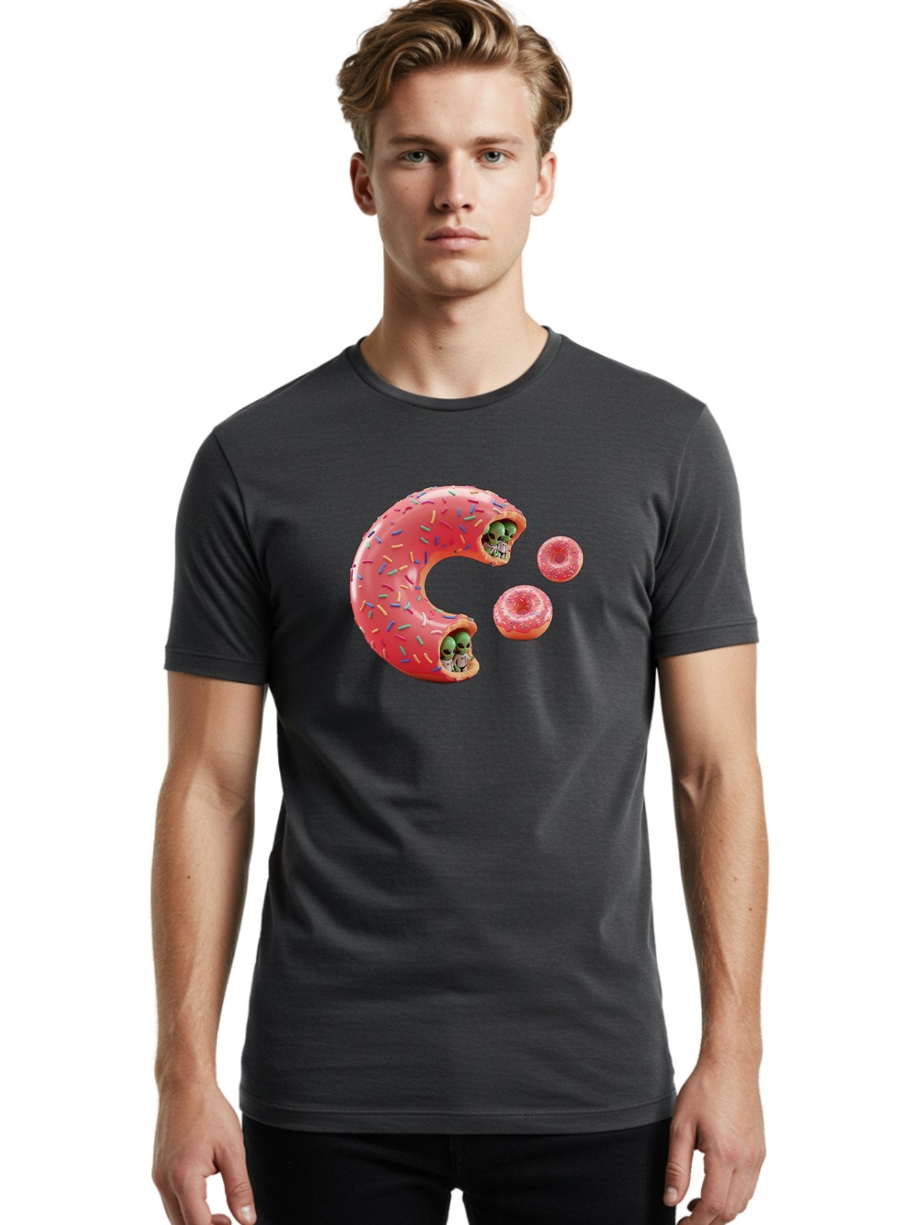 C-Donut Men'S Graphic Tee, 100% Cotton, Comfortable Casual Summer Wear, Machine Washable, Pink Frosted Donuts, Donut Holes With Aliens, 3D Rendered Donuts, Sprinkles On Donuts, Cute Donut Art, Alien Heads In Donuts, Surreal Dessert, Bab702 25