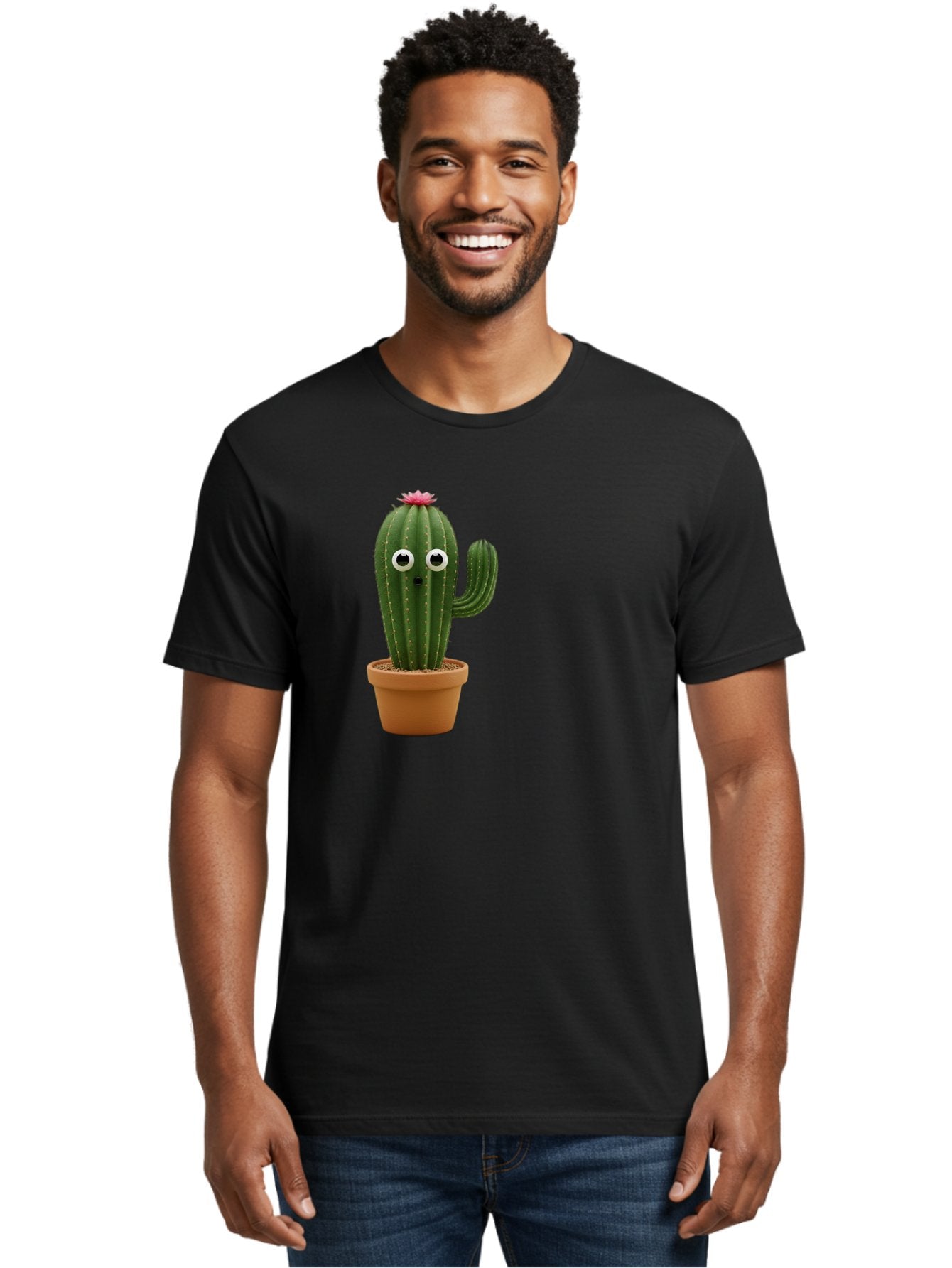 Cactus-With-Eyes Men'S Graphic Tee, 100% Cotton, Comfortable Casual Summer Wear, Machine Washable, Cute Cactus, Cartoon Character, Funny Face, Googley Eyes, Potted Plant, Succulent, Quirky Decor, Whimsical Design, Indoor Plants, Kawaii Bab703 28