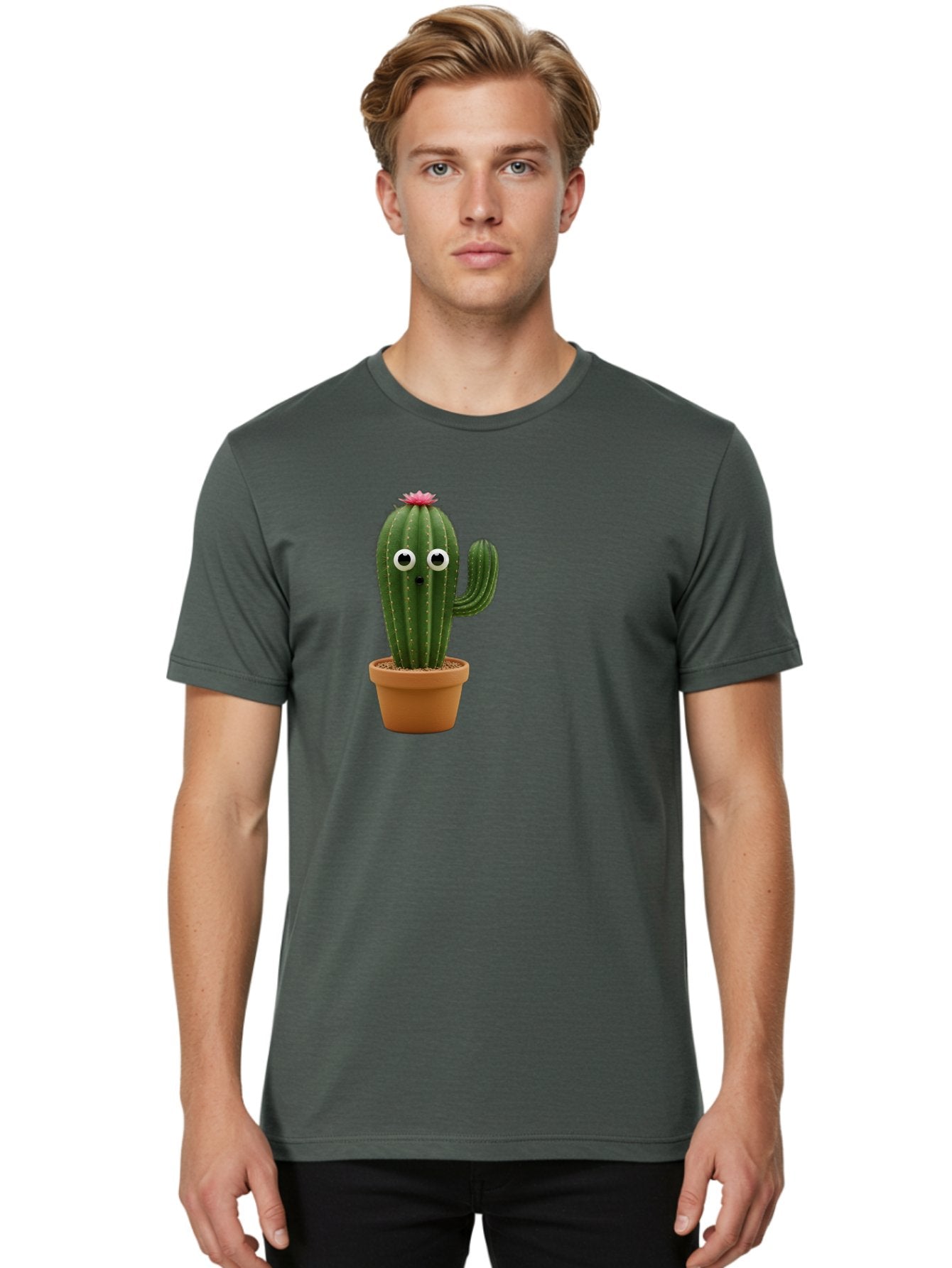 Cactus-With-Eyes Men'S Graphic Tee, 100% Cotton, Comfortable Casual Summer Wear, Machine Washable, Cute Cactus, Cartoon Character, Funny Face, Googley Eyes, Potted Plant, Succulent, Quirky Decor, Whimsical Design, Indoor Plants, Kawaii Bab703 19