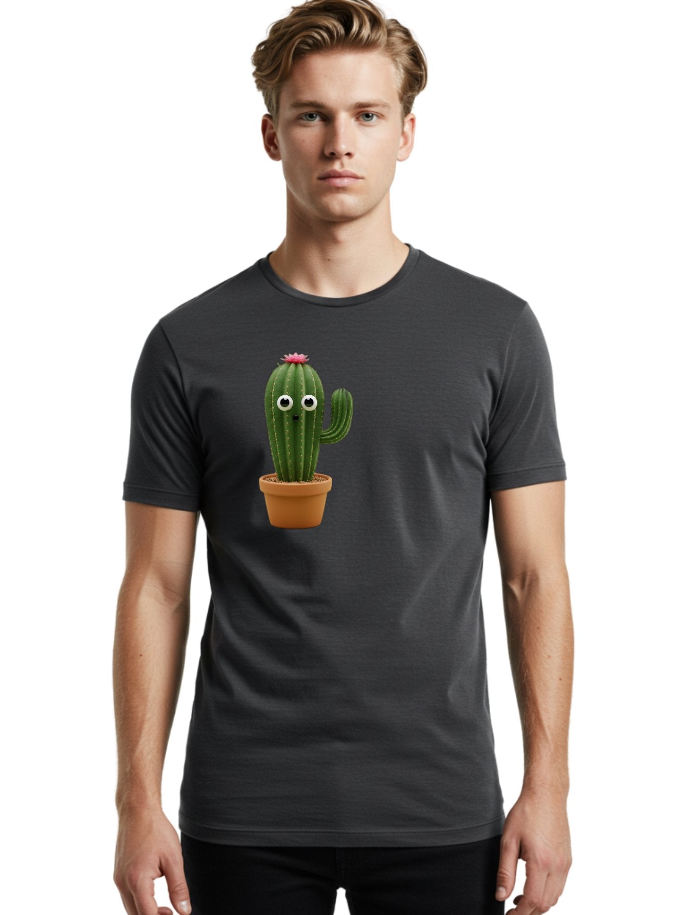 Cactus-With-Eyes Men'S Graphic Tee, 100% Cotton, Comfortable Casual Summer Wear, Machine Washable, Cute Cactus, Cartoon Character, Funny Face, Googley Eyes, Potted Plant, Succulent, Quirky Decor, Whimsical Design, Indoor Plants, Kawaii Bab703 22
