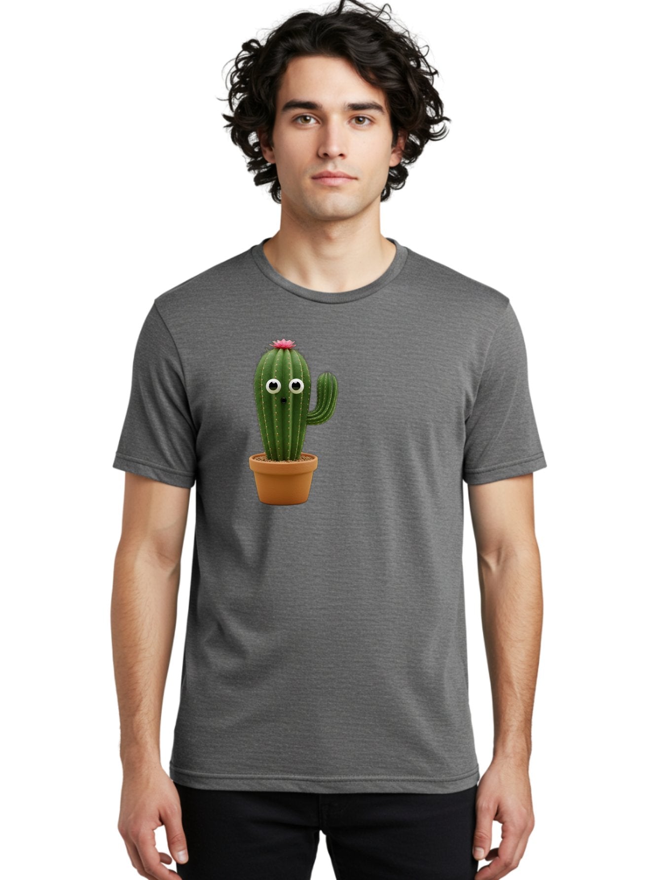 Cactus-With-Eyes Men'S Graphic Tee, 100% Cotton, Comfortable Casual Summer Wear, Machine Washable, Cute Cactus, Cartoon Character, Funny Face, Googley Eyes, Potted Plant, Succulent, Quirky Decor, Whimsical Design, Indoor Plants, Kawaii Bab703 26