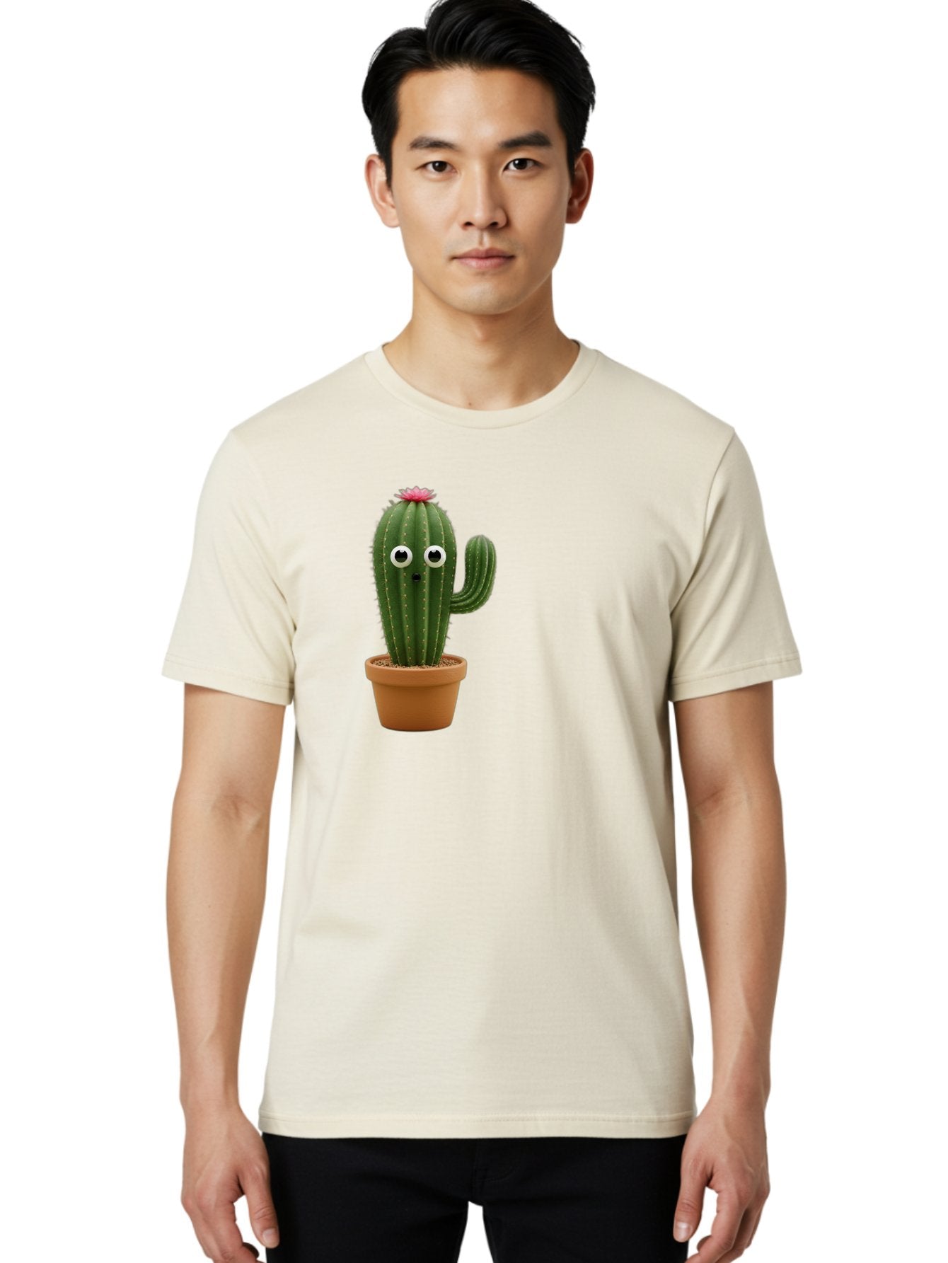 Cactus-With-Eyes Men'S Graphic Tee, 100% Cotton, Comfortable Casual Summer Wear, Machine Washable, Cute Cactus, Cartoon Character, Funny Face, Googley Eyes, Potted Plant, Succulent, Quirky Decor, Whimsical Design, Indoor Plants, Kawaii Bab703 27
