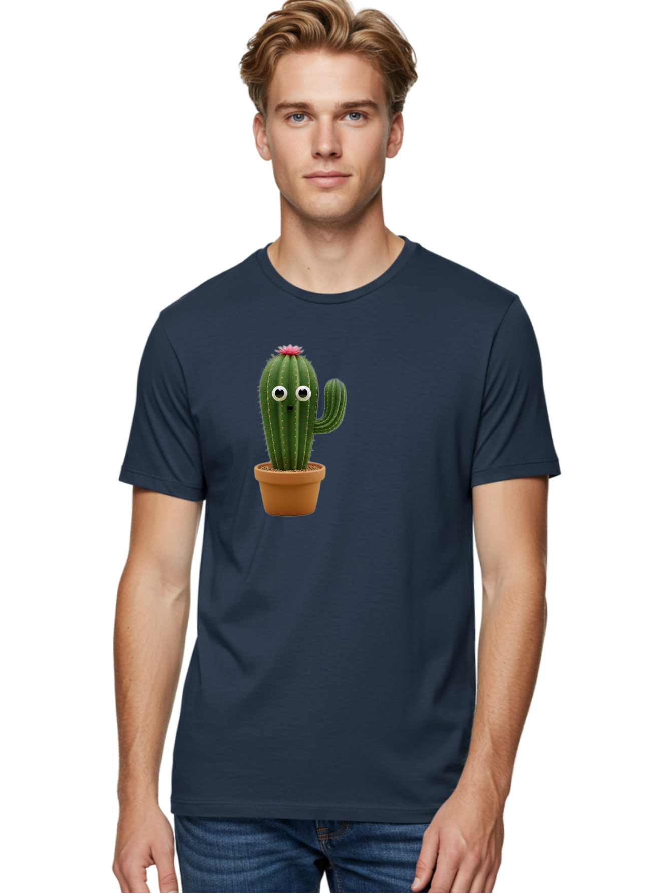 Cactus-With-Eyes Men'S Graphic Tee, 100% Cotton, Comfortable Casual Summer Wear, Machine Washable, Cute Cactus, Cartoon Character, Funny Face, Googley Eyes, Potted Plant, Succulent, Quirky Decor, Whimsical Design, Indoor Plants, Kawaii Bab703 25