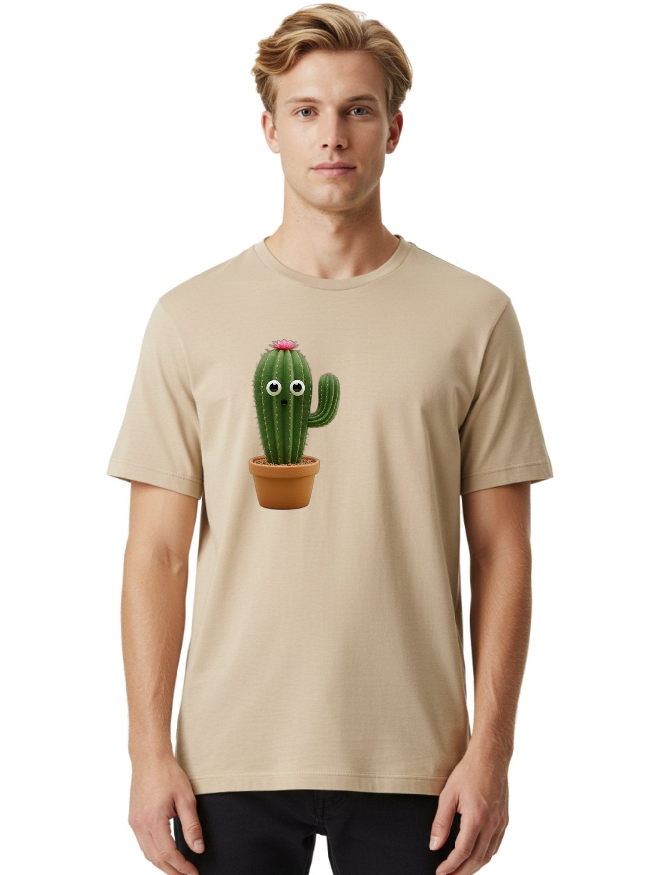 Cactus-With-Eyes Men'S Graphic Tee, 100% Cotton, Comfortable Casual Summer Wear, Machine Washable, Cute Cactus, Cartoon Character, Funny Face, Googley Eyes, Potted Plant, Succulent, Quirky Decor, Whimsical Design, Indoor Plants, Kawaii Bab703 25