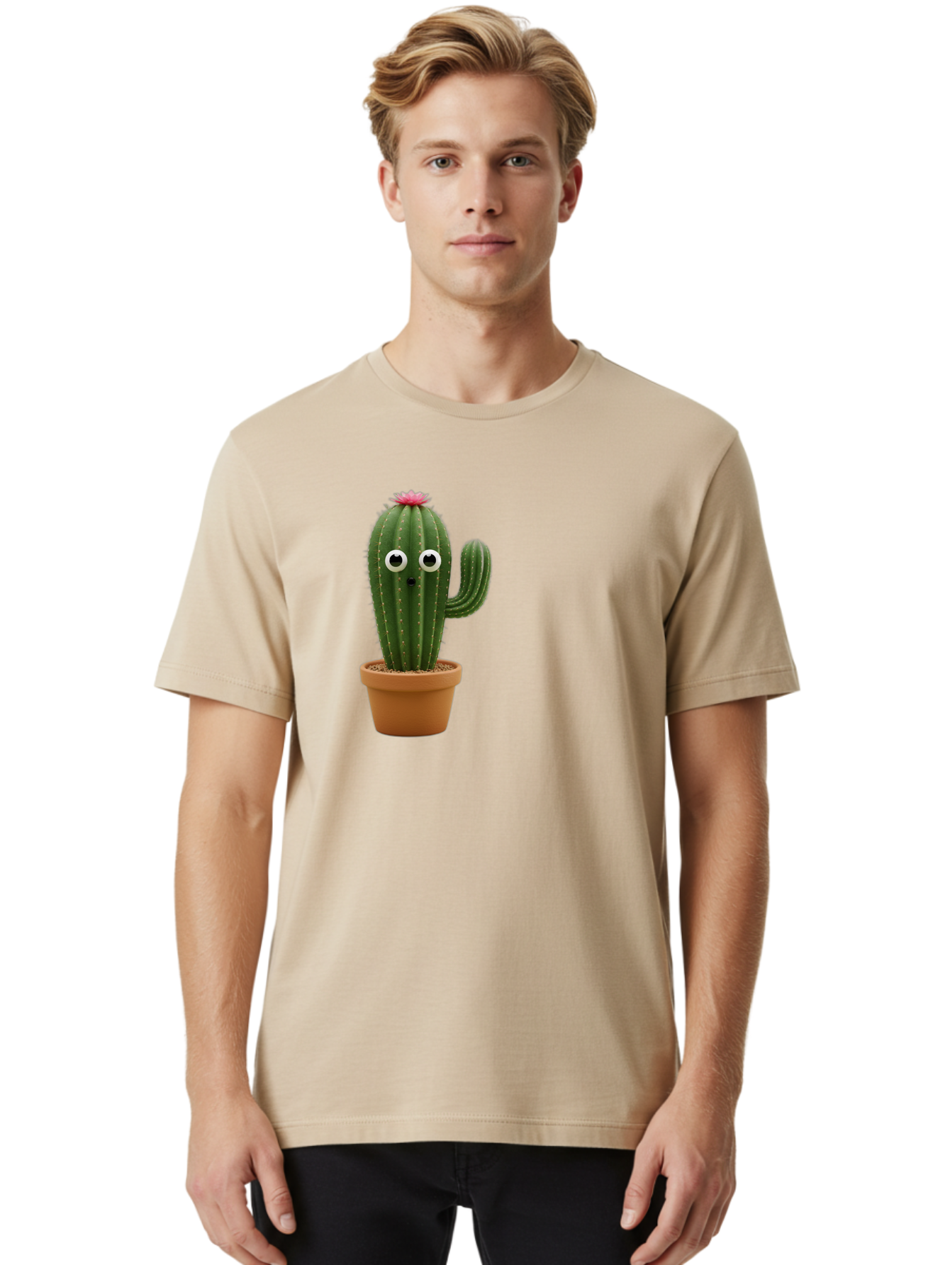 Cactus-With-Eyes Men'S Graphic Tee, 100% Cotton, Comfortable Casual Summer Wear, Machine Washable, Cute Cactus, Cartoon Character, Funny Face, Googley Eyes, Potted Plant, Succulent, Quirky Decor, Whimsical Design, Indoor Plants, Kawaii Bab703 21