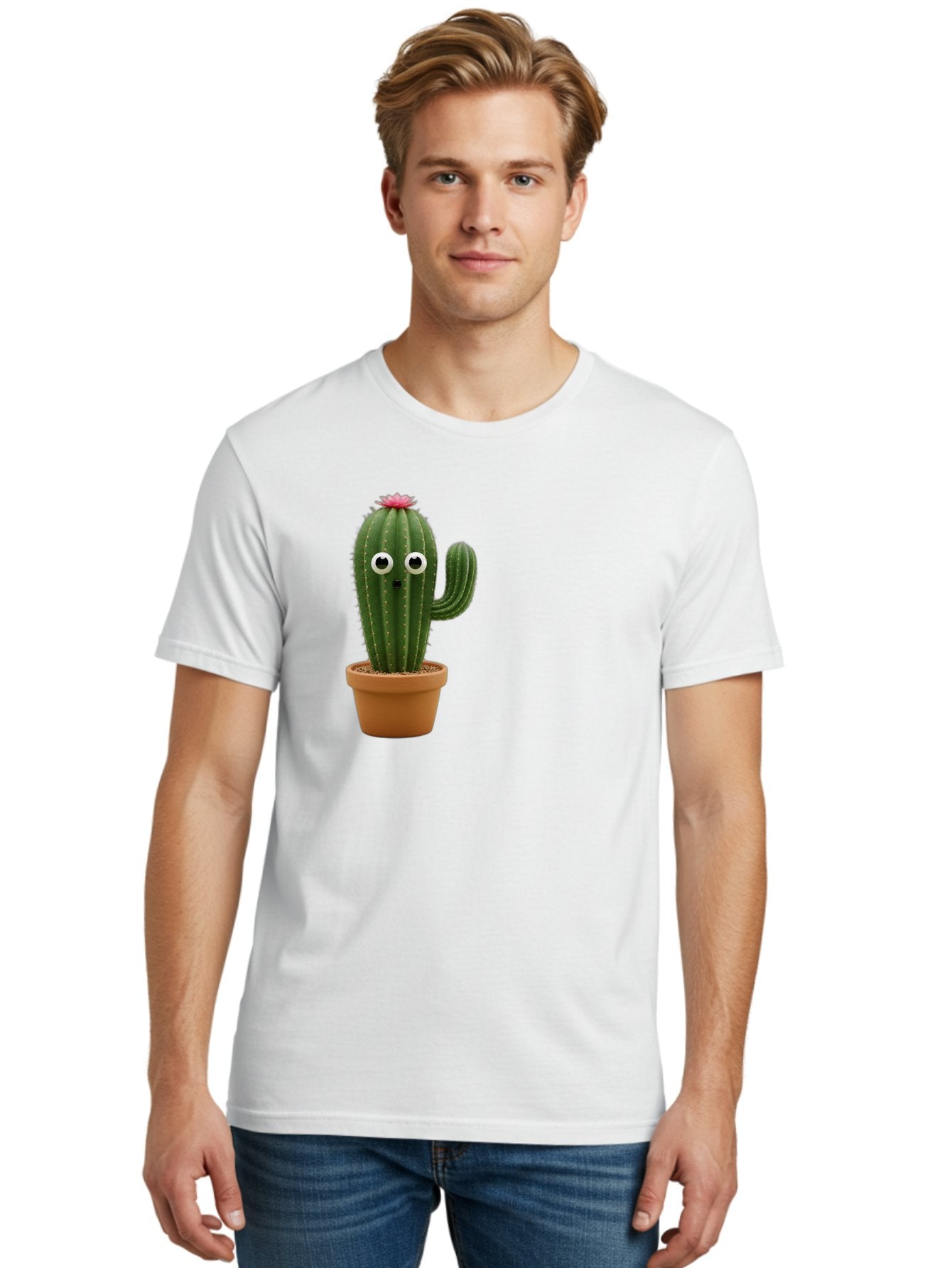 Cactus-With-Eyes Men'S Graphic Tee, 100% Cotton, Comfortable Casual Summer Wear, Machine Washable, Cute Cactus, Cartoon Character, Funny Face, Googley Eyes, Potted Plant, Succulent, Quirky Decor, Whimsical Design, Indoor Plants, Kawaii Bab703 18