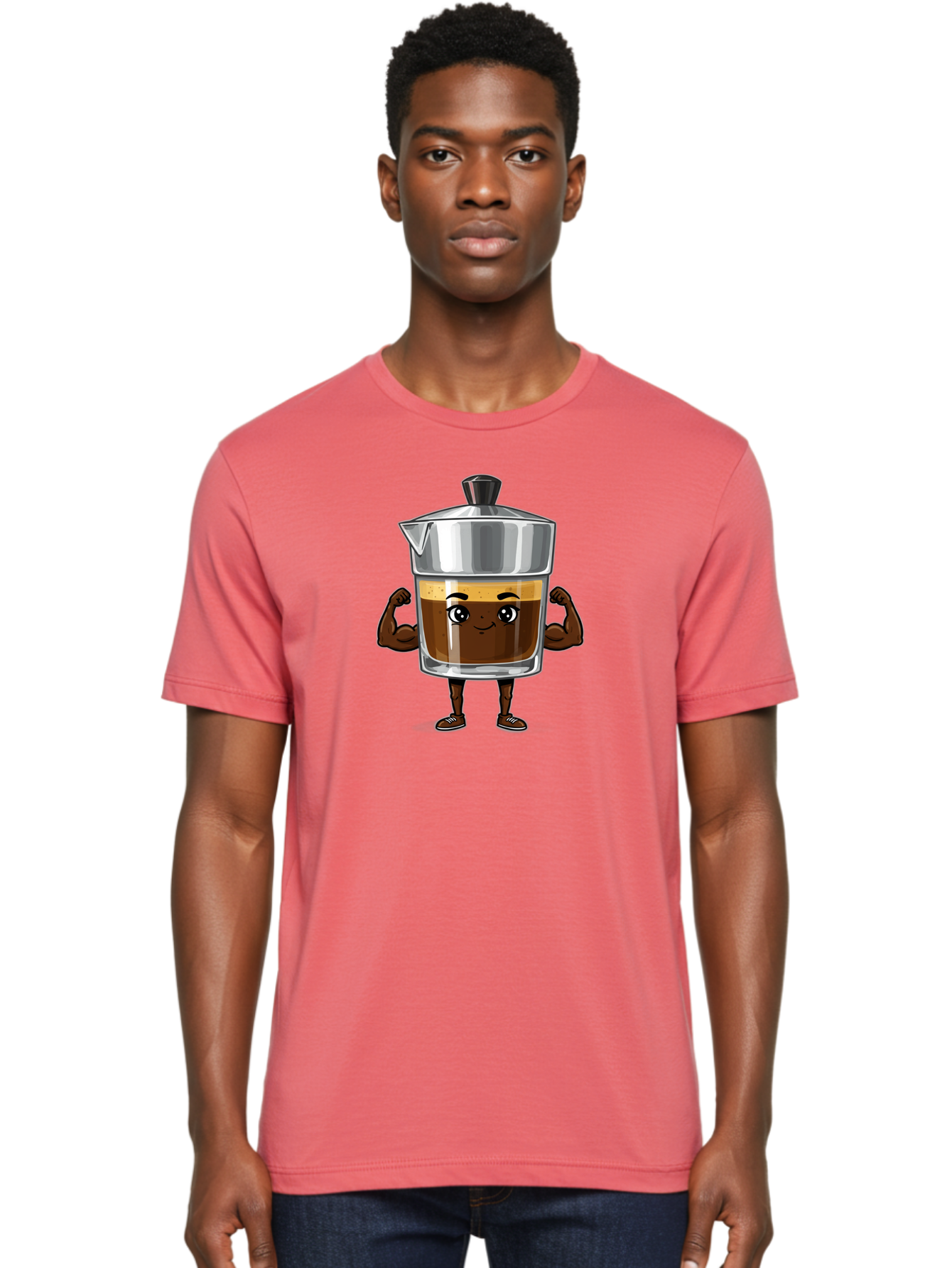 Cafe-Coffee Men'S Graphic Tee, 100% Cotton, Comfortable Casual Summer Wear, Machine Washable, Coffee Maker Character, Brown Coffee, Funny Face, Flexing Arms, Strong Muscles, Cute Cartoon, Coffee Lover, Morning Pick-Me-Up, Daily Grind Bab704 20