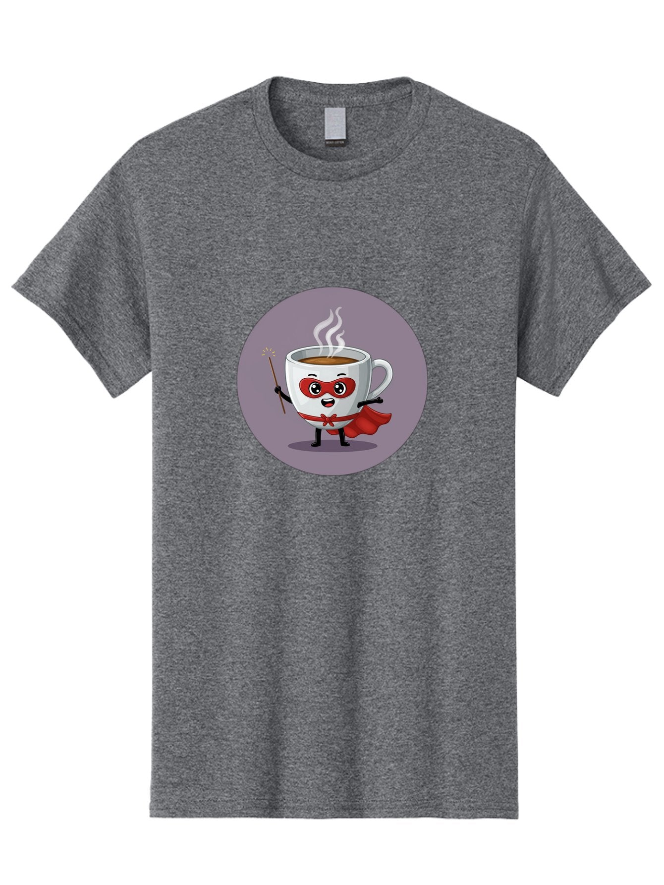 Cafe-Hero Men'S Graphic Tee, 100% Cotton, Comfortable Casual Summer Wear, Machine Washable, Cartoon Coffee Cup, Superhero Theme, Red Mask, Red Cape, Magical Wand, Steaming Hot Coffee, Funny Character, Animated Beverage Bab706