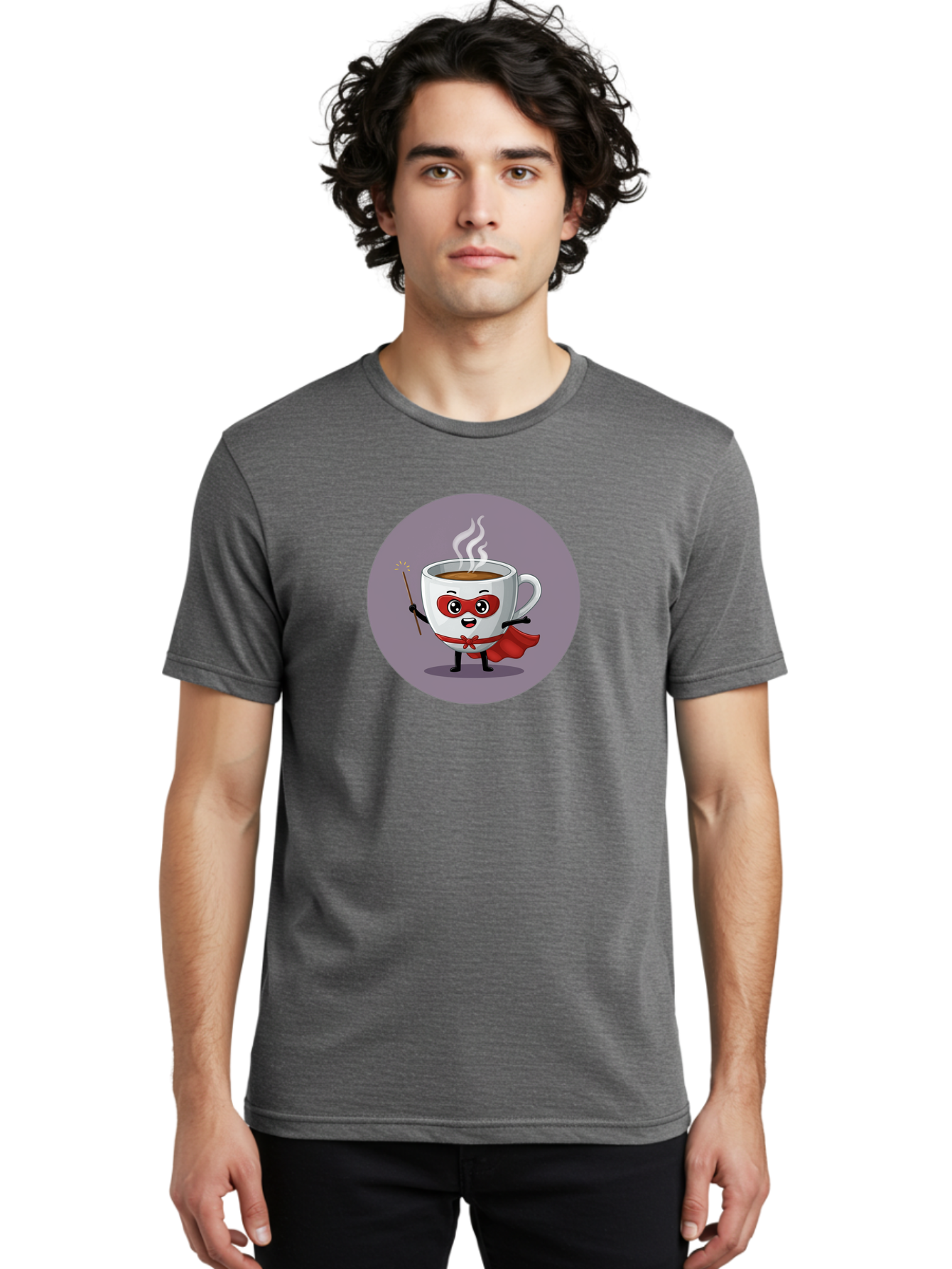 Cafe-Hero Men'S Graphic Tee, 100% Cotton, Comfortable Casual Summer Wear, Machine Washable, Cartoon Coffee Cup, Superhero Theme, Red Mask, Red Cape, Magical Wand, Steaming Hot Coffee, Funny Character, Animated Beverage Bab706 25