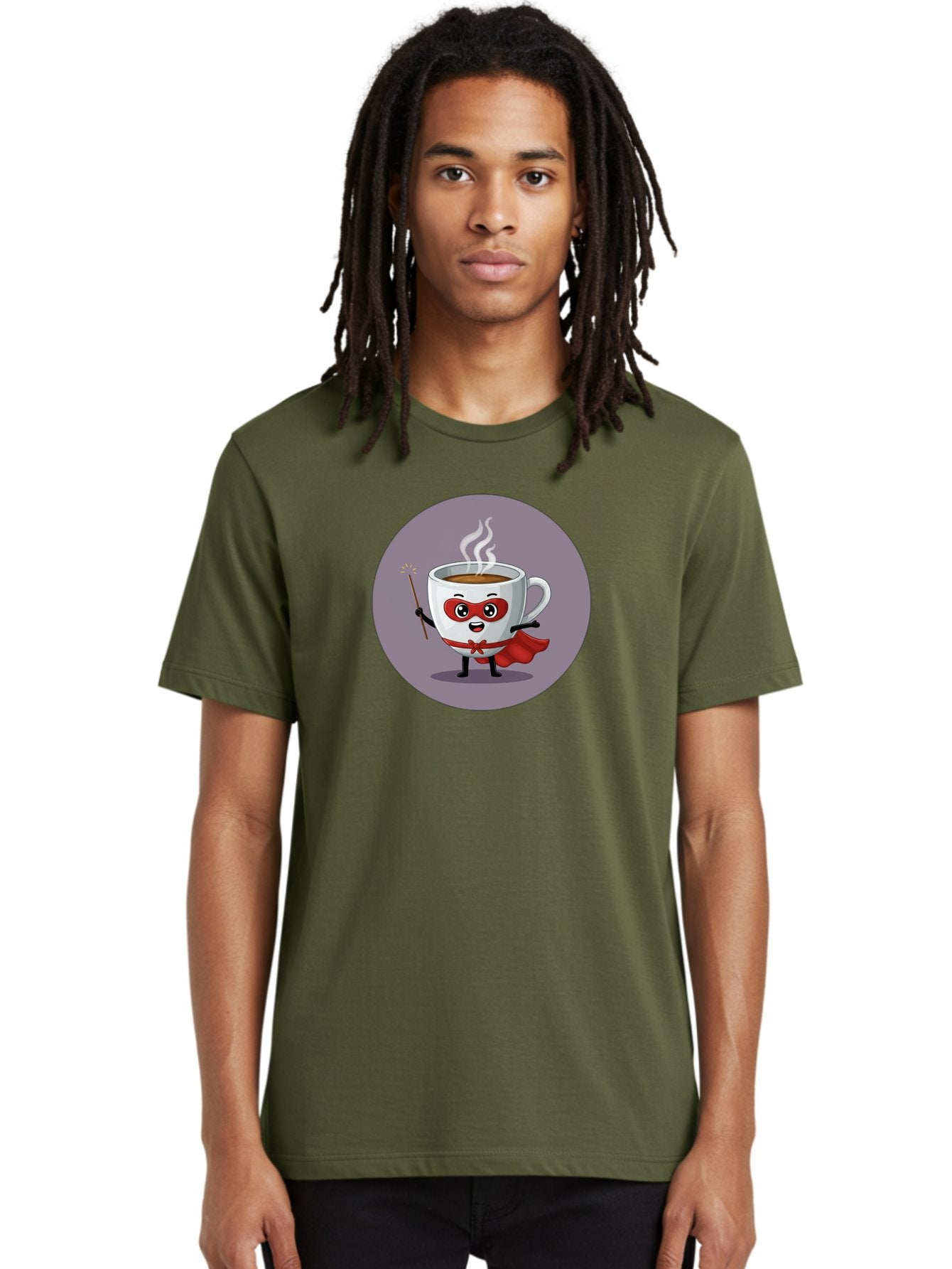 Cafe-Hero Men'S Graphic Tee, 100% Cotton, Comfortable Casual Summer Wear, Machine Washable, Cartoon Coffee Cup, Superhero Theme, Red Mask, Red Cape, Magical Wand, Steaming Hot Coffee, Funny Character, Animated Beverage Bab706 25