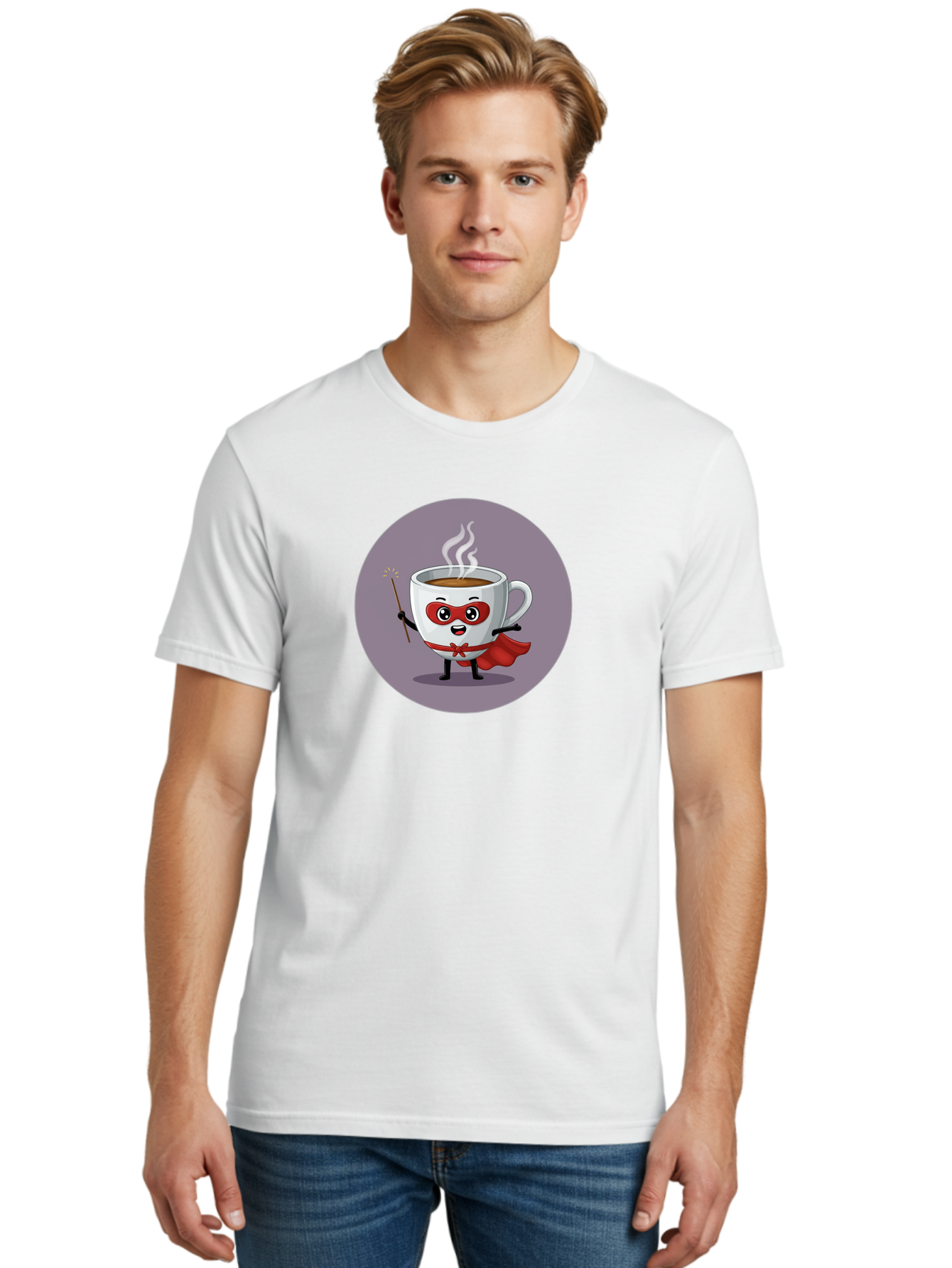 Cafe-Hero Men'S Graphic Tee, 100% Cotton, Comfortable Casual Summer Wear, Machine Washable, Cartoon Coffee Cup, Superhero Theme, Red Mask, Red Cape, Magical Wand, Steaming Hot Coffee, Funny Character, Animated Beverage Bab706 17