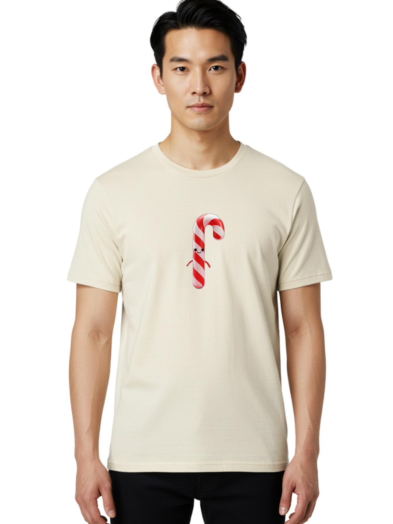 Candy-Cane-Character Men'S Graphic Tee, 100% Cotton, Comfortable Casual Summer Wear, Machine Washable, Red And White Candy Cane, Cartoon Character, Festive Holiday Treat, Sweet Indulgence, Cheerful Smile, Adorable Arms, Christmas Delight Bab708 25