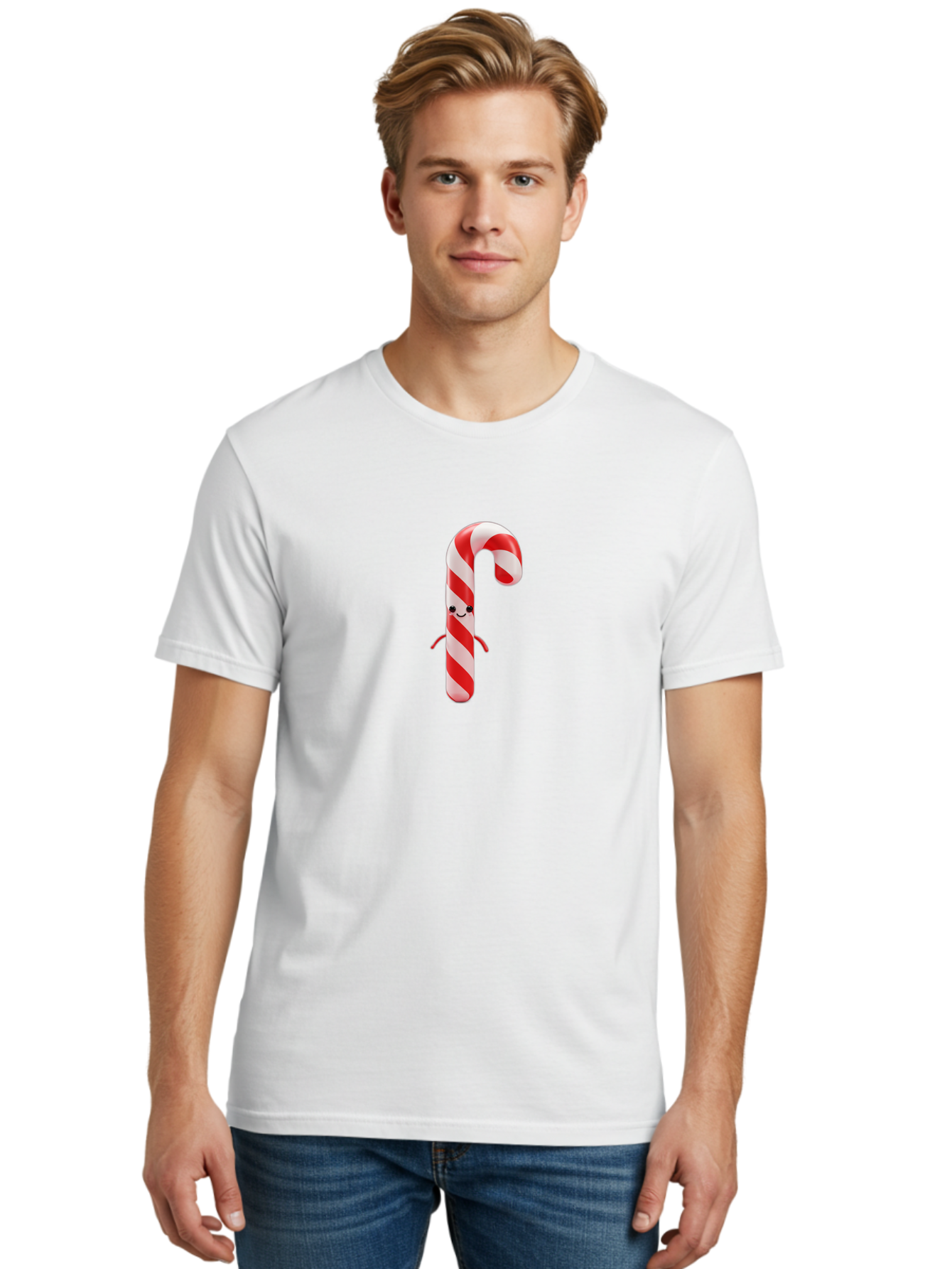 Candy-Cane-Character Men'S Graphic Tee, 100% Cotton, Comfortable Casual Summer Wear, Machine Washable, Red And White Candy Cane, Cartoon Character, Festive Holiday Treat, Sweet Indulgence, Cheerful Smile, Adorable Arms, Christmas Delight Bab708 24