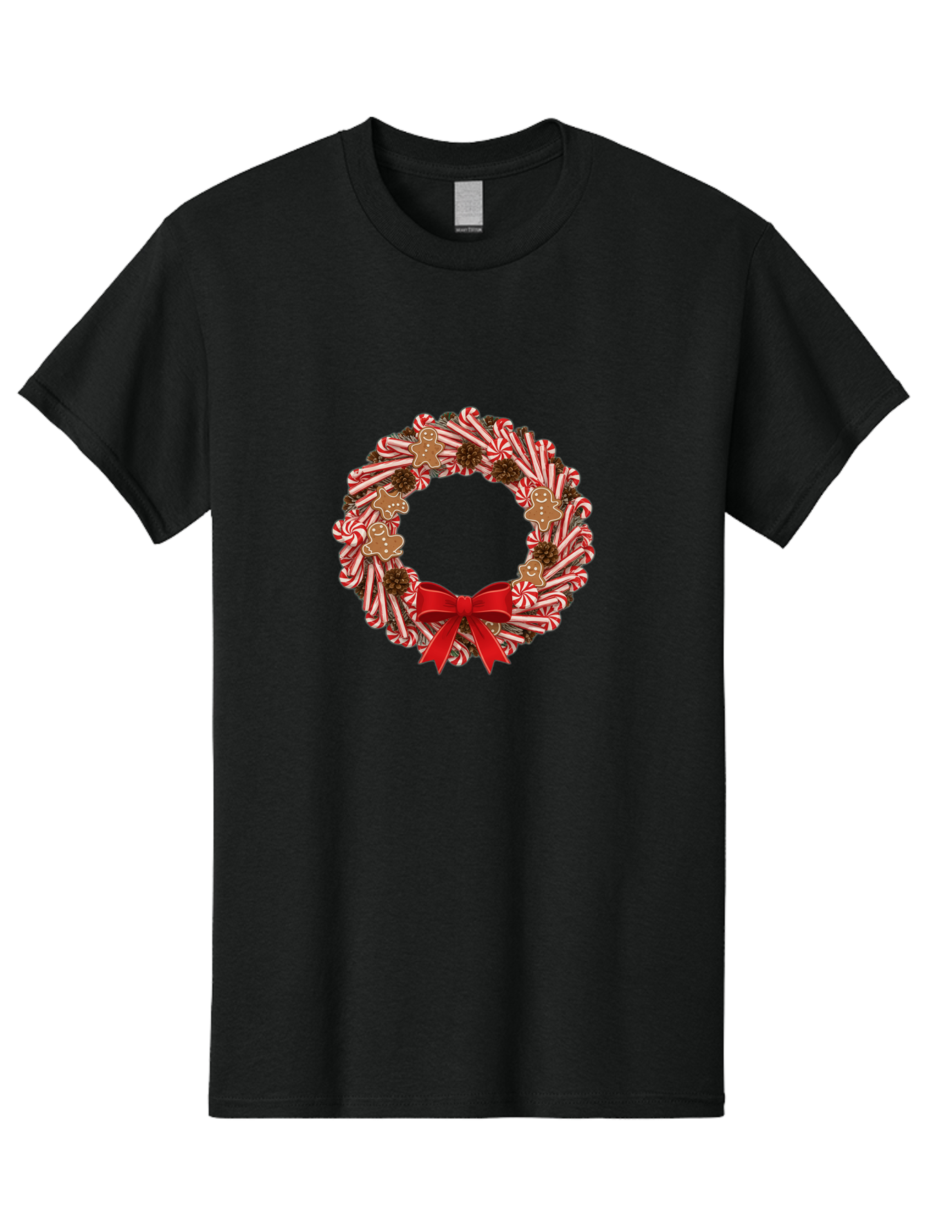 Candy-Cane-Wreath Men'S Graphic Tee, 100% Cotton, Comfortable Casual Summer Wear, Machine Washable, Candy Cane Wreath, Christmas Decoration, Holiday Decor, Red And White Striped Candy Canes, Gingerbread Men, Festive Atmosphere, Bab709
