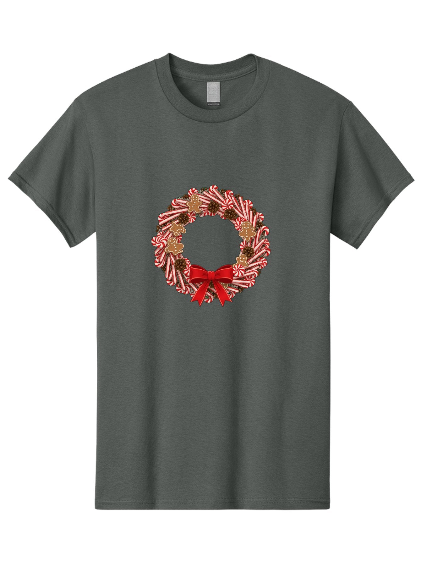 Candy-Cane-Wreath Men'S Graphic Tee, 100% Cotton, Comfortable Casual Summer Wear, Machine Washable, Candy Cane Wreath, Christmas Decoration, Holiday Decor, Red And White Striped Candy Canes, Gingerbread Men, Festive Atmosphere, Bab709 7