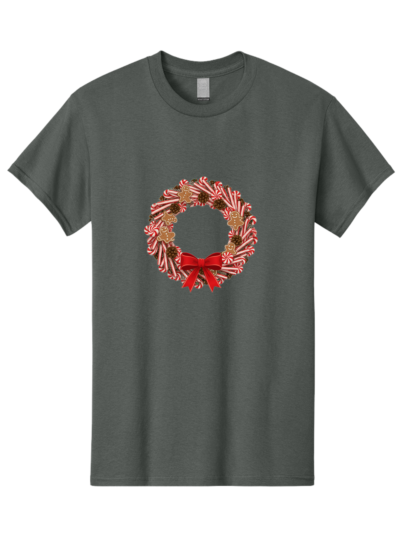 Candy-Cane-Wreath Men'S Graphic Tee, 100% Cotton, Comfortable Casual Summer Wear, Machine Washable, Candy Cane Wreath, Christmas Decoration, Holiday Decor, Red And White Striped Candy Canes, Gingerbread Men, Festive Atmosphere, Bab709 13