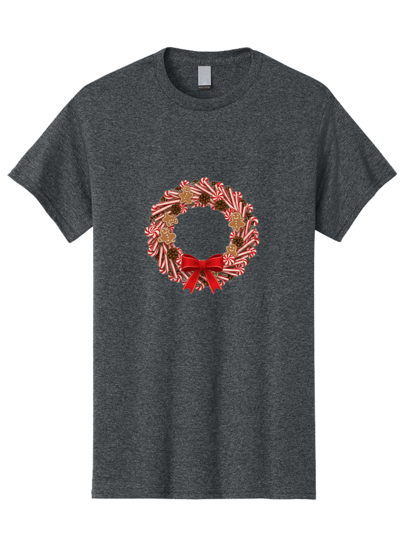 Candy-Cane-Wreath Men'S Graphic Tee, 100% Cotton, Comfortable Casual Summer Wear, Machine Washable, Candy Cane Wreath, Christmas Decoration, Holiday Decor, Red And White Striped Candy Canes, Gingerbread Men, Festive Atmosphere, Bab709 14