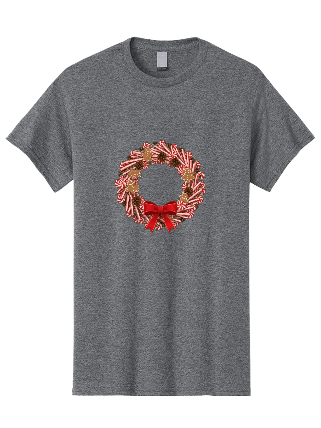 Candy-Cane-Wreath Men'S Graphic Tee, 100% Cotton, Comfortable Casual Summer Wear, Machine Washable, Candy Cane Wreath, Christmas Decoration, Holiday Decor, Red And White Striped Candy Canes, Gingerbread Men, Festive Atmosphere, Bab709
