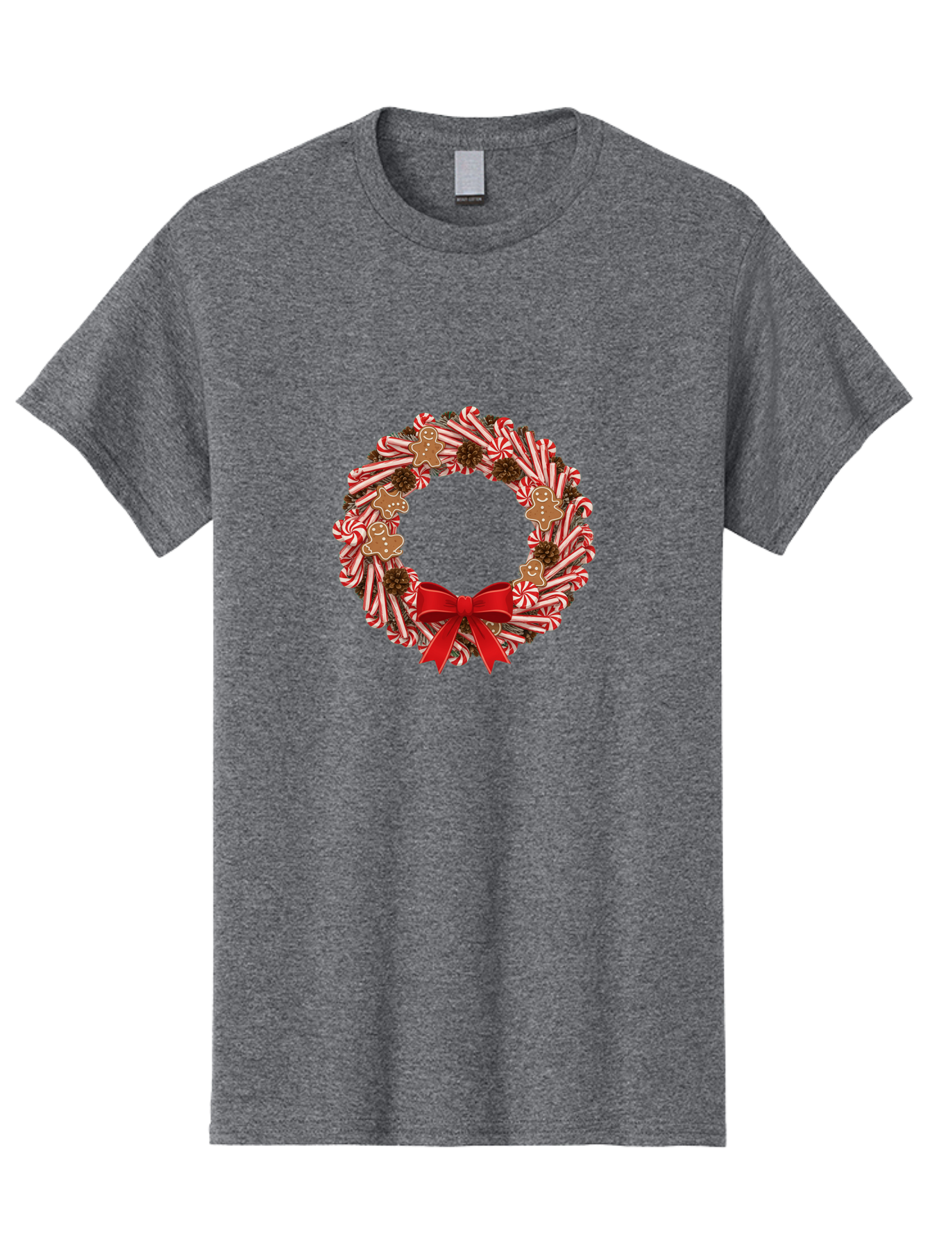 Candy-Cane-Wreath Men'S Graphic Tee, 100% Cotton, Comfortable Casual Summer Wear, Machine Washable, Candy Cane Wreath, Christmas Decoration, Holiday Decor, Red And White Striped Candy Canes, Gingerbread Men, Festive Atmosphere, Bab709 10