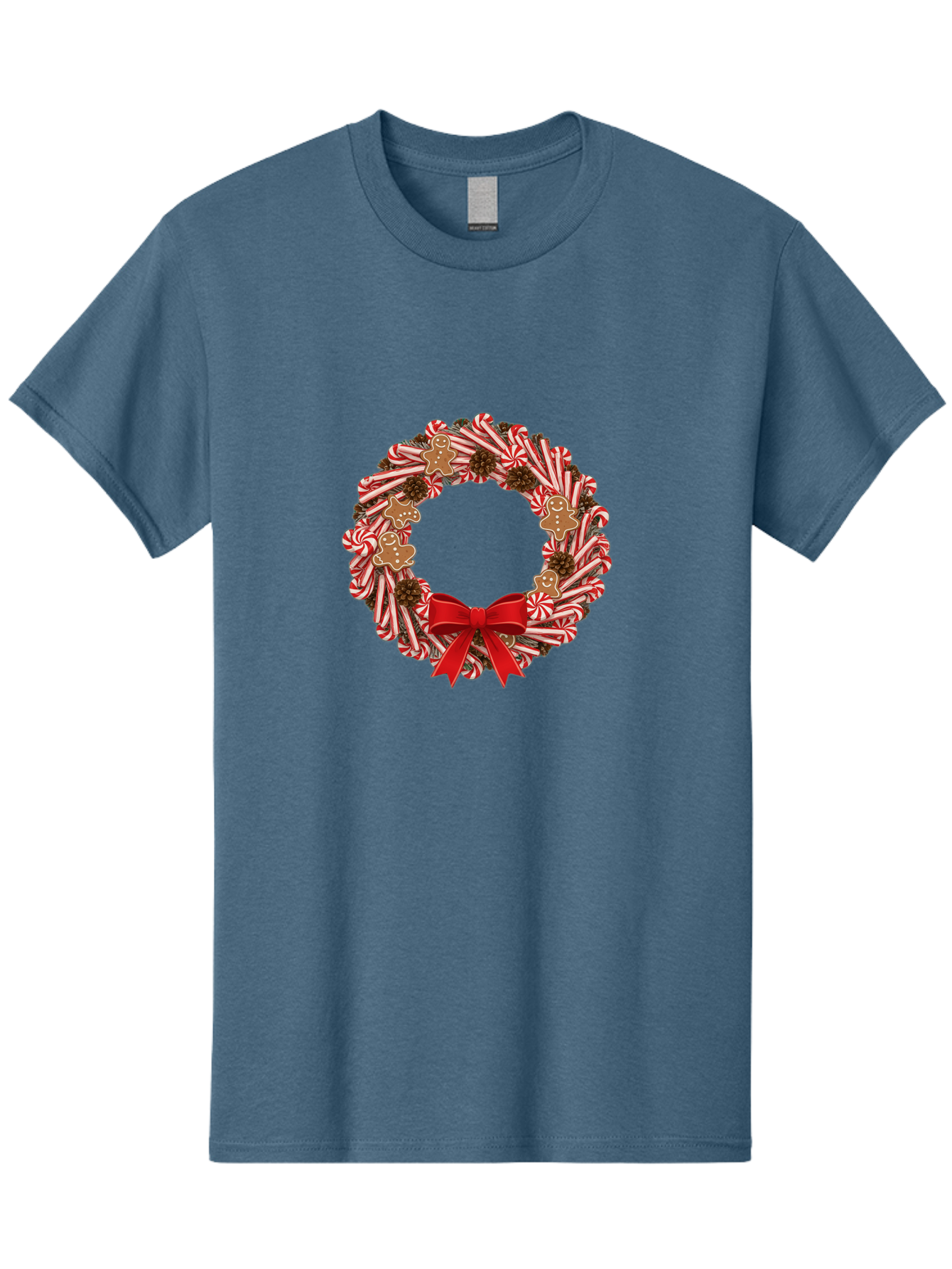 Candy-Cane-Wreath Men'S Graphic Tee, 100% Cotton, Comfortable Casual Summer Wear, Machine Washable, Candy Cane Wreath, Christmas Decoration, Holiday Decor, Red And White Striped Candy Canes, Gingerbread Men, Festive Atmosphere, Bab709 15